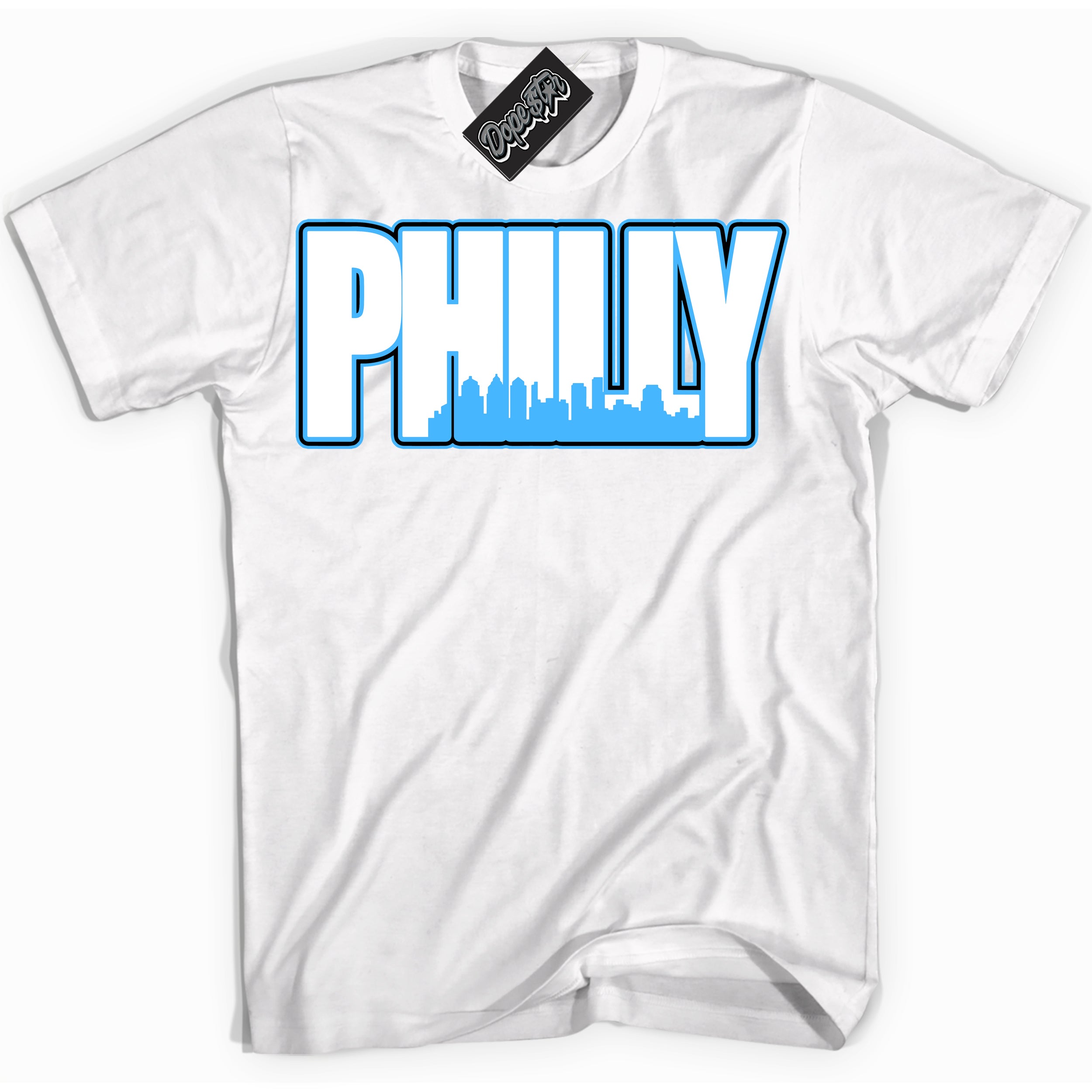 Cool White graphic tee with “ Philly ” design, that perfectly matches Powder Blue 9s sneakers 