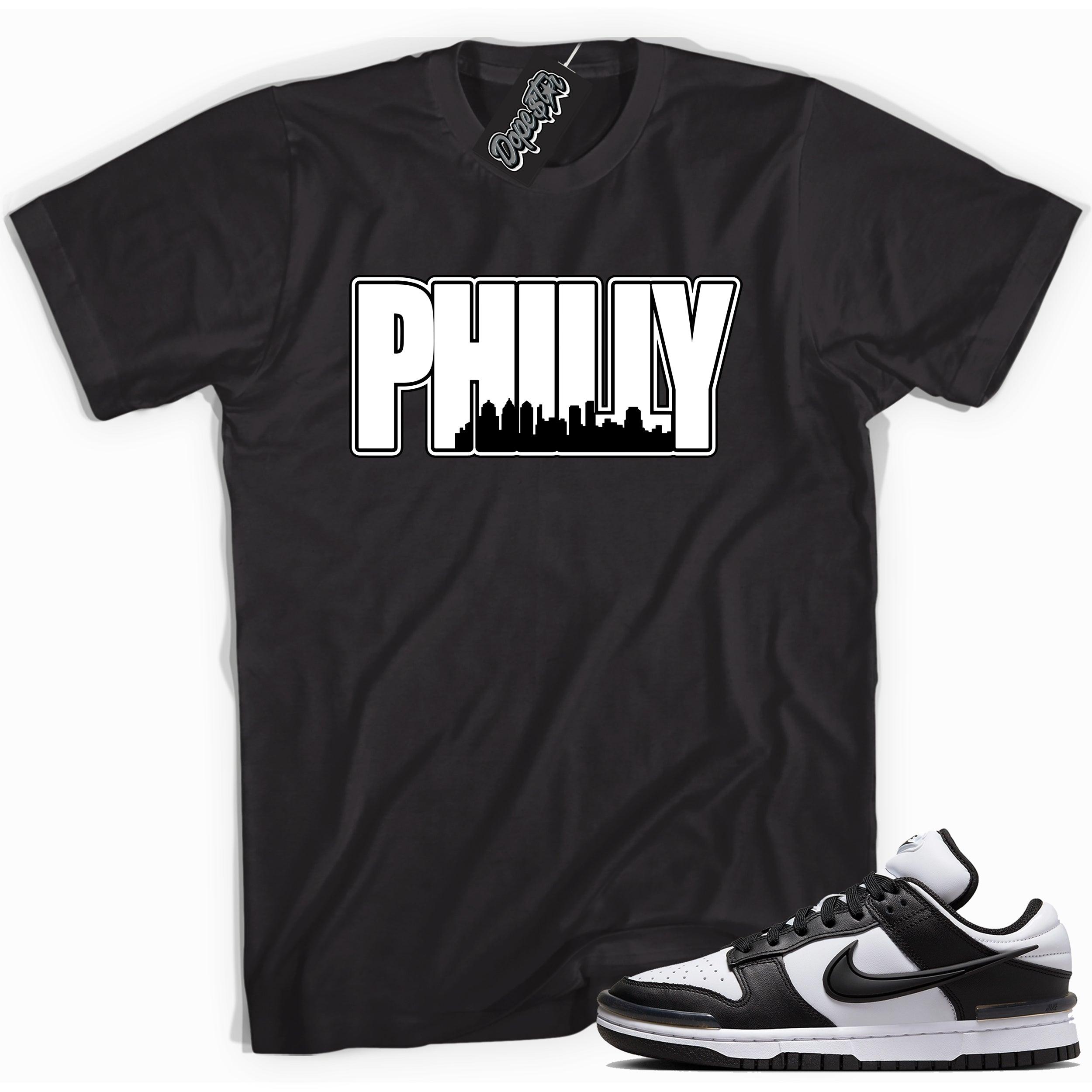 Cool black graphic tee with 'philly' print, that perfectly matches Nike Dunk Low Twist Panda sneakers.
