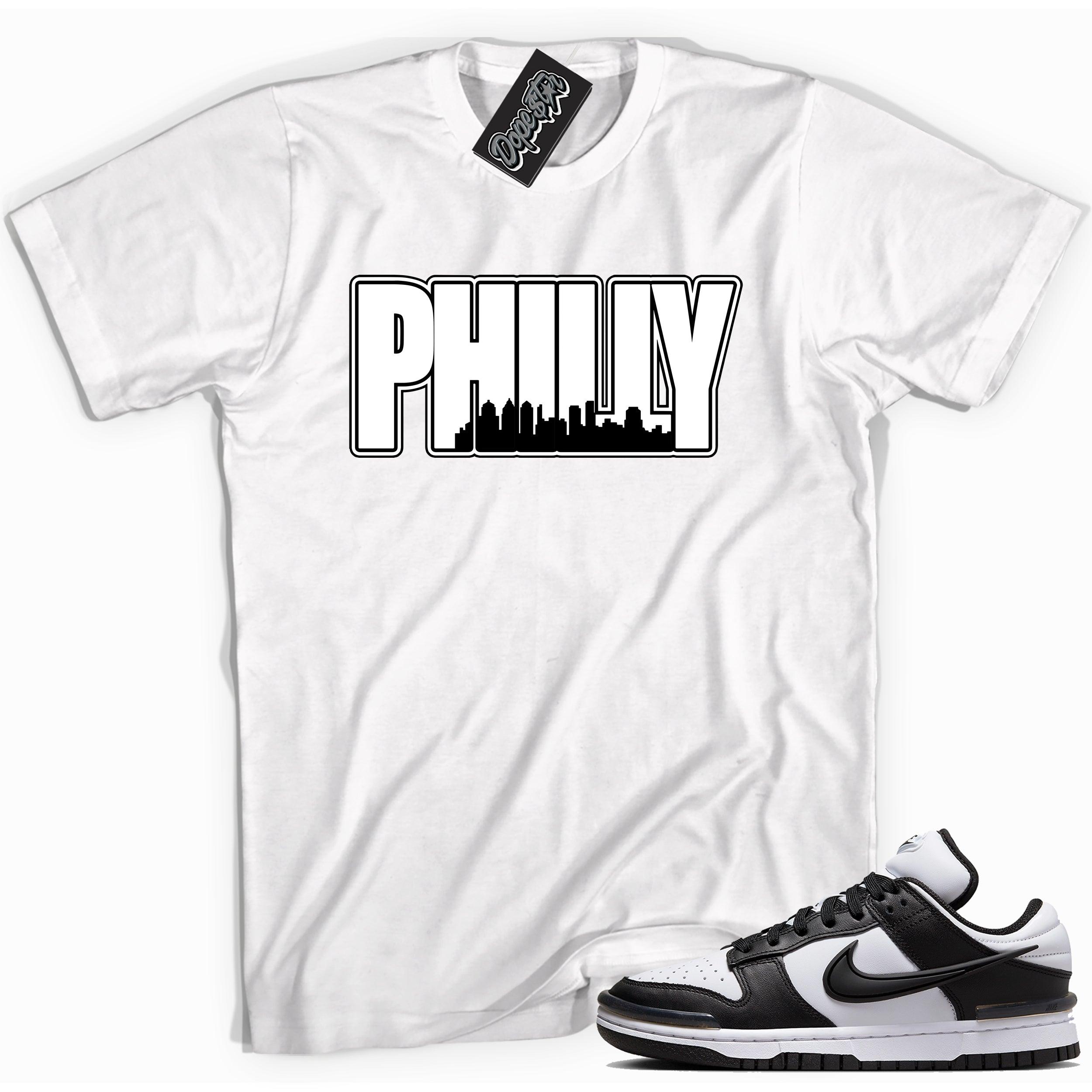 Cool white graphic tee with 'philly' print, that perfectly matches Nike Dunk Low Twist Panda sneakers.