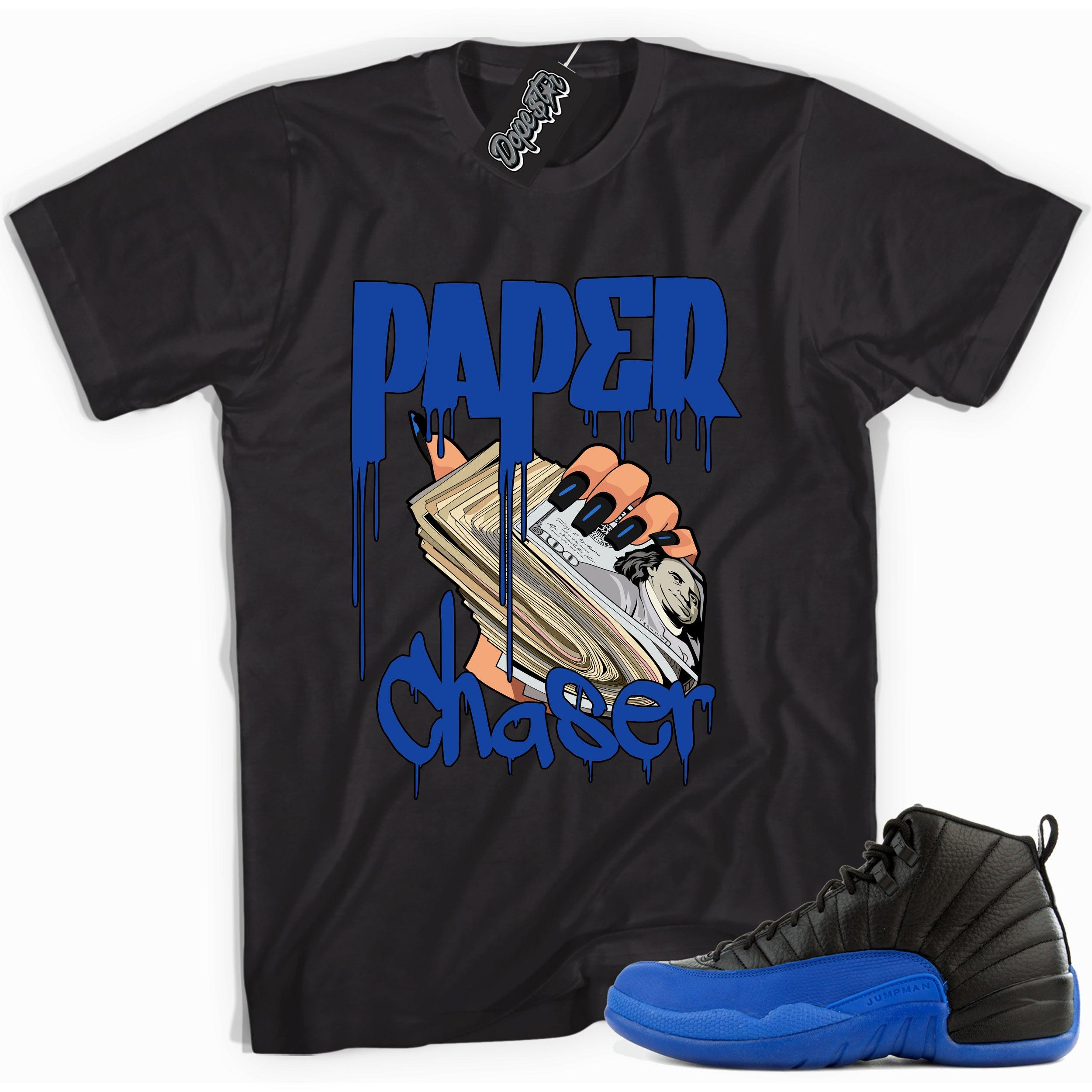 Cool black graphic tee with 'paper chaser' print, that perfectly matches  Air Jordan 12 Retro Black Game Royal sneakers.