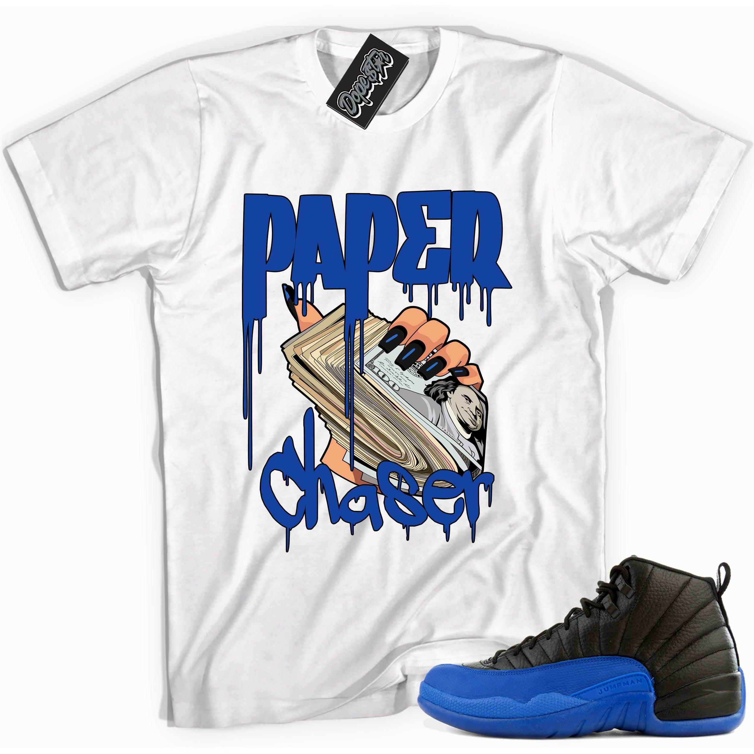 Cool white graphic tee with 'paper chaser' print, that perfectly matches Air Jordan 12 Retro Black Game Royal sneakers.