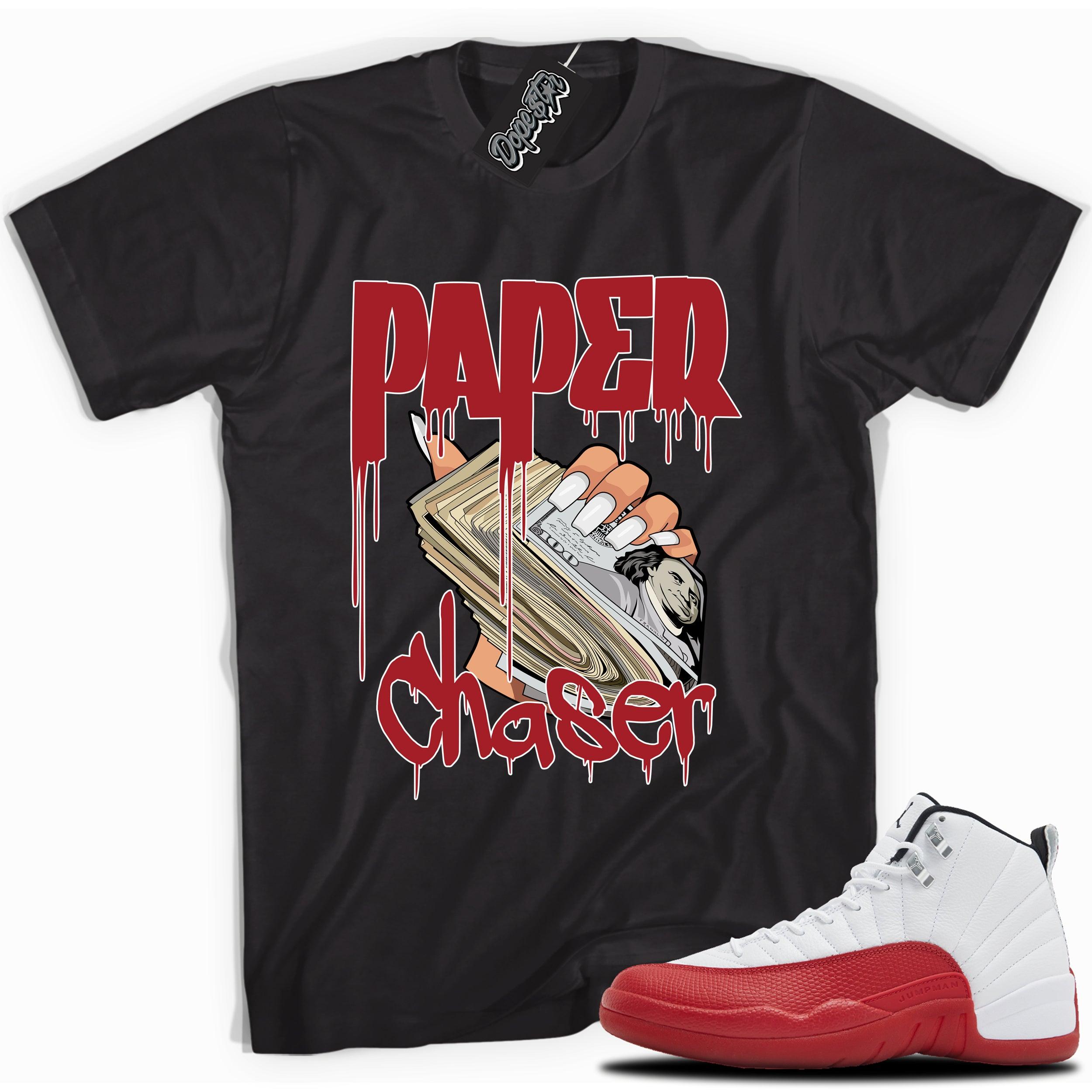 Cool Black graphic tee with “Paper Chaser” print, that perfectly matches Air Jordan 12 Retro Cherry Red 2023 red and white sneakers
