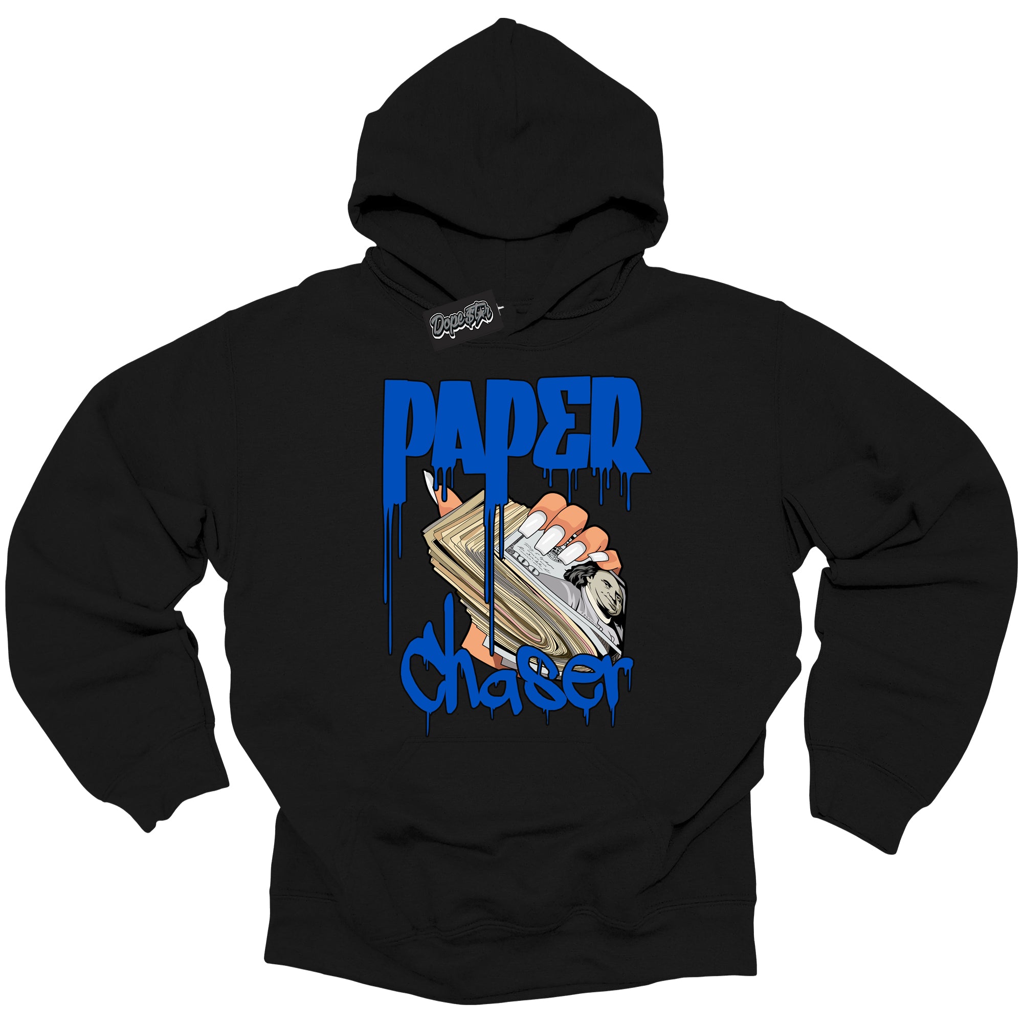 Cool Black Hoodie with “ Paper Chaser ”  design that Perfectly Matches  Royal Reimagined 1s Sneakers.