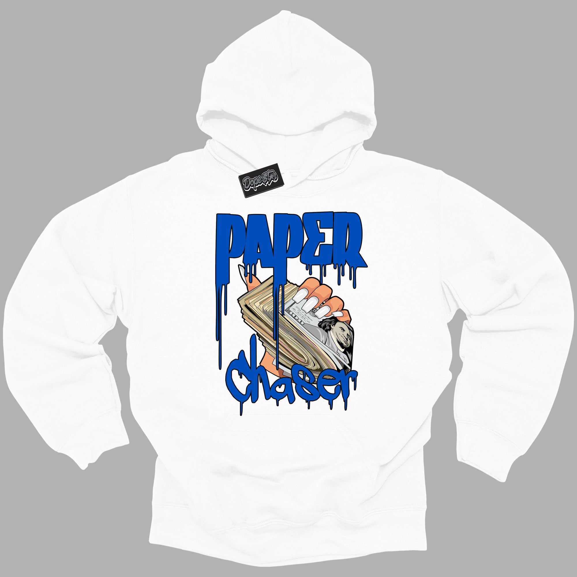 Cool White Hoodie with “ Paper Chaser ”  design that Perfectly Matches Royal Reimagined 1s Sneakers.