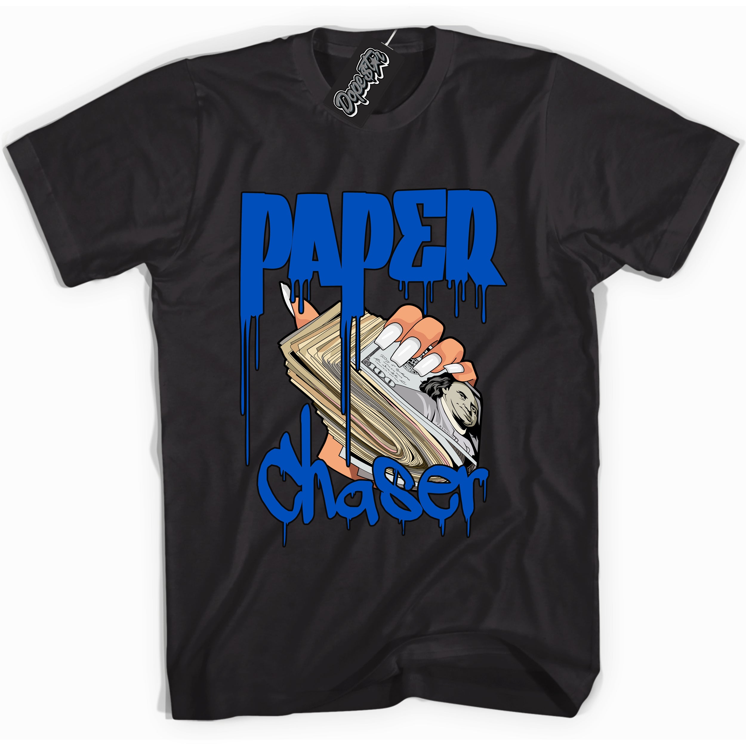 Cool Black graphic tee with "Paper Chaser" design, that perfectly matches Royal Reimagined 1s sneakers 