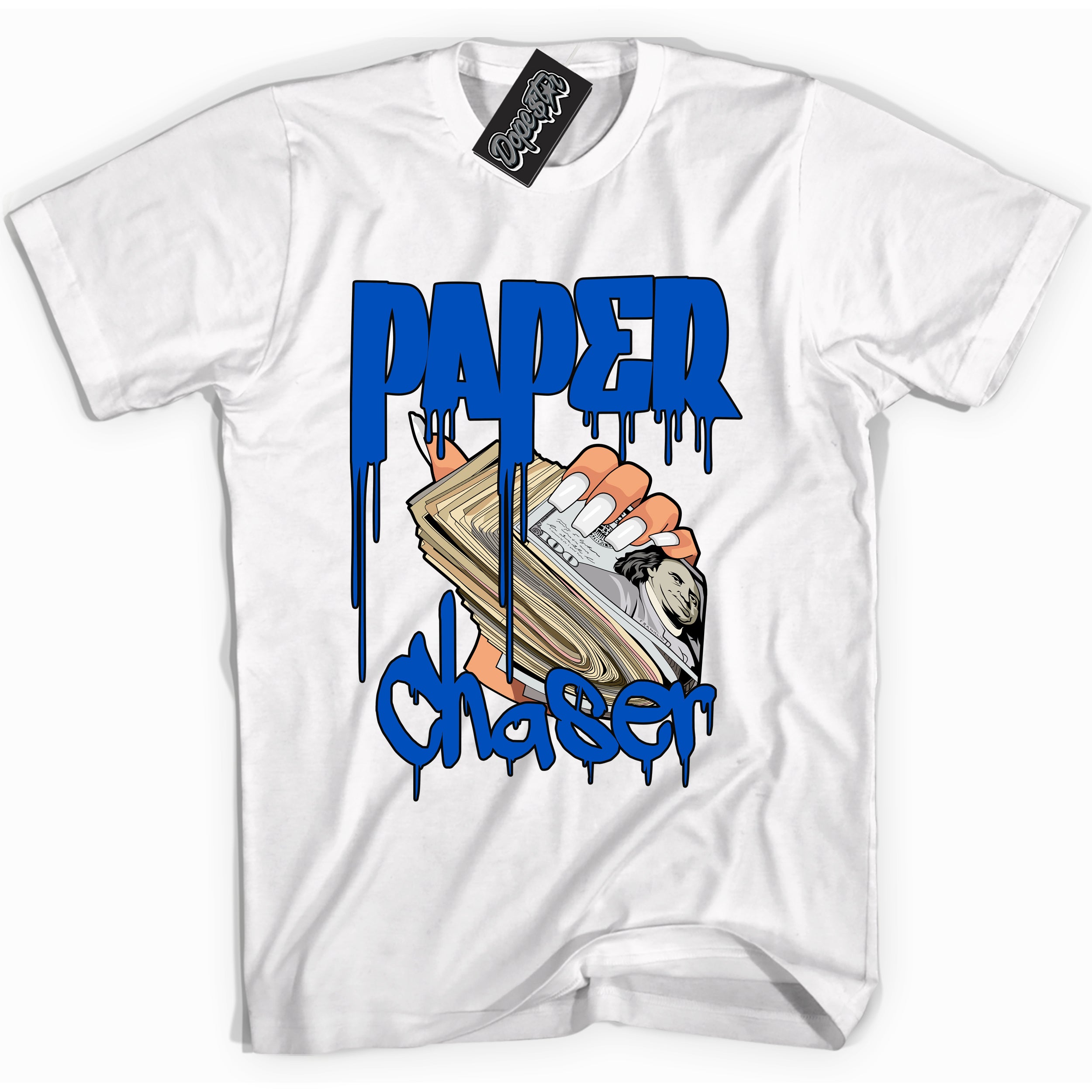 Cool Black graphic tee with "Paper Chaser" design, that perfectly matches Royal Reimagined 1s sneakers 
