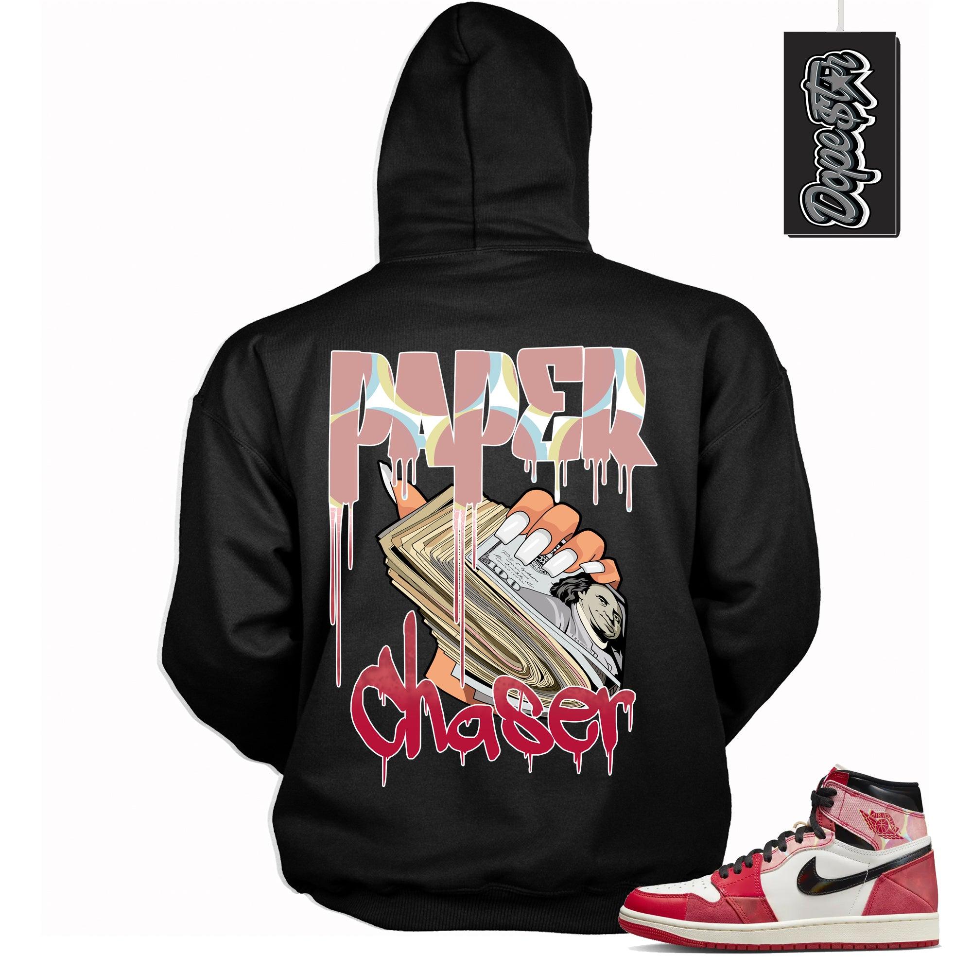 Cool Black graphic tee with “ Paper Chaser ” print, that perfectly matches AIR JORDAN 1 Retro High OG NEXT CHAPTER SPIDER-VERSE  sneakers 