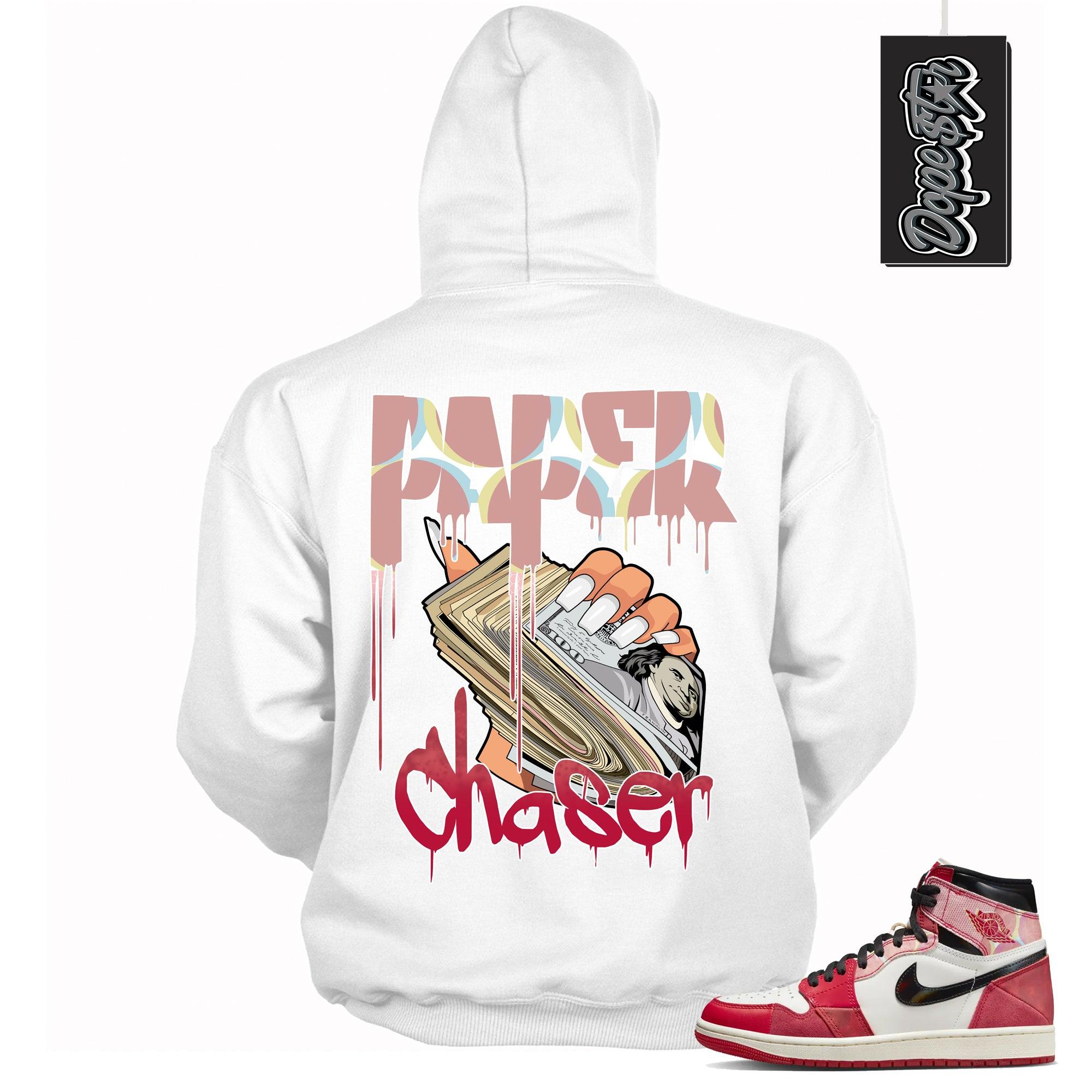 Cool White graphic tee with “ Paper Chaser ” print, that perfectly matches AIR JORDAN 1 Retro High OG NEXT CHAPTER SPIDER-VERSE sneakers