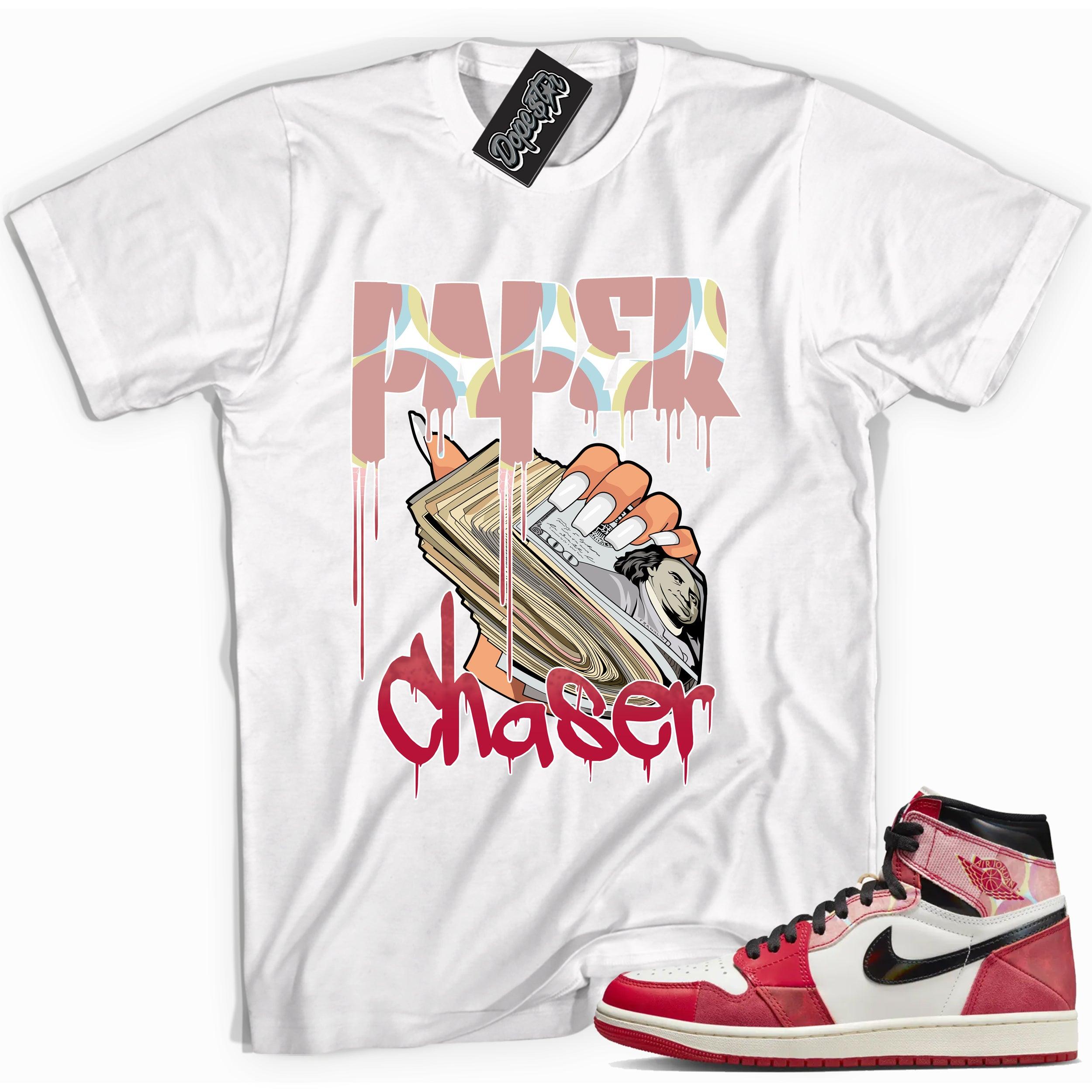 Cool White graphic tee with “ Paper Chaser ” print, that perfectly matches AIR JORDAN 1 Retro High OG NEXT CHAPTER SPIDER-VERSE sneakers 