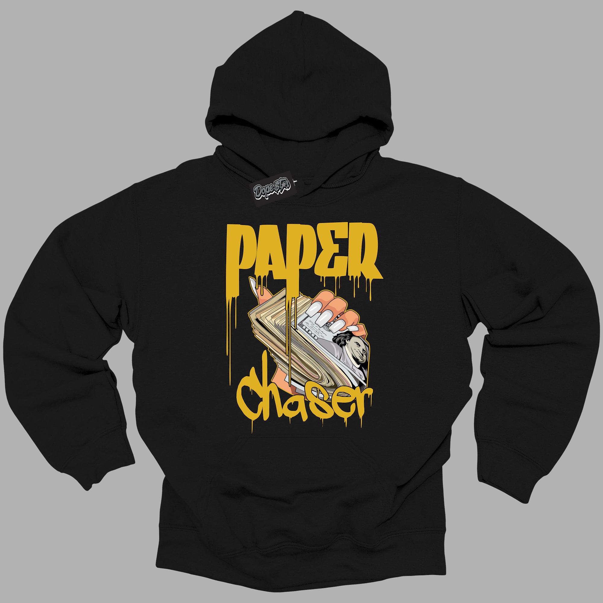 Cool Black Hoodie with “ Paper Chaser ”  design that Perfectly Matches Yellow Ochre 6s Sneakers.