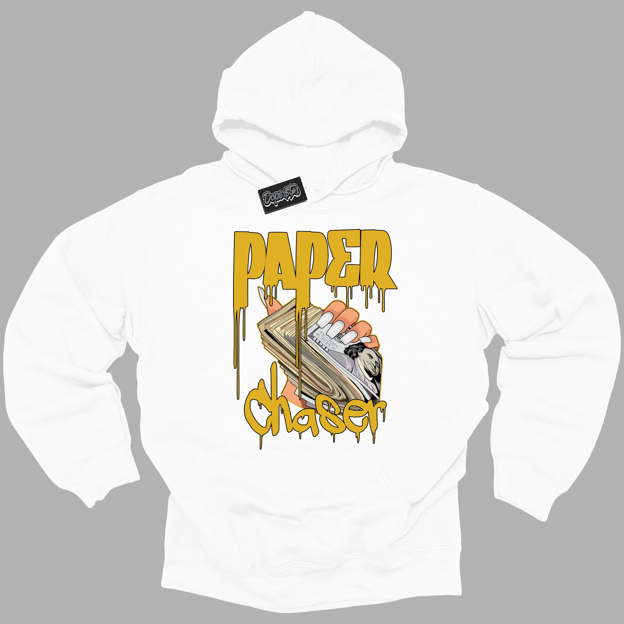 Cool White Hoodie with “ Paper Chaser ”  design that Perfectly Matches Yellow Ochre 6s Sneakers.