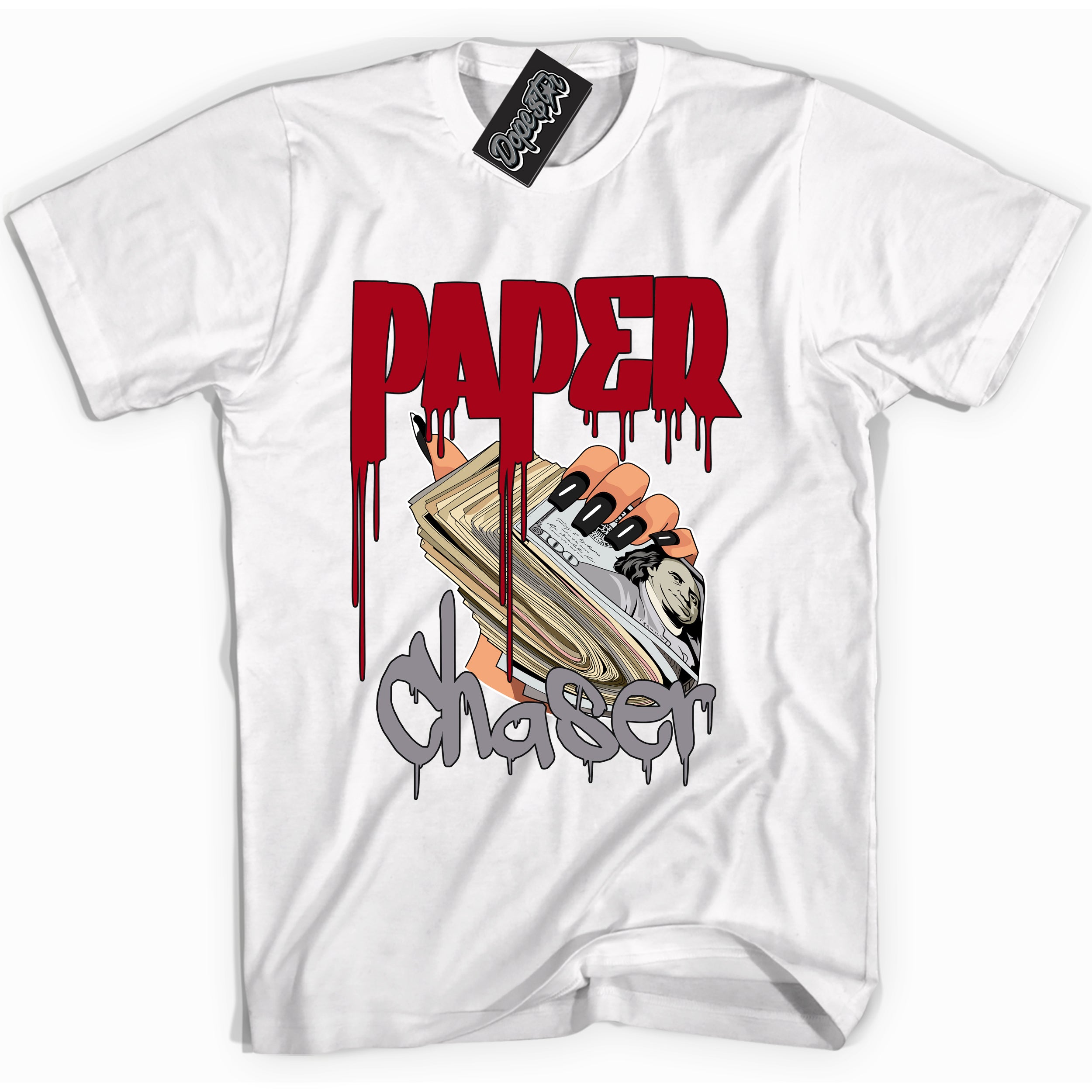 Cool White Shirt with “ Paper Chaser” design that perfectly matches Bred Reimagined 4s Jordans.