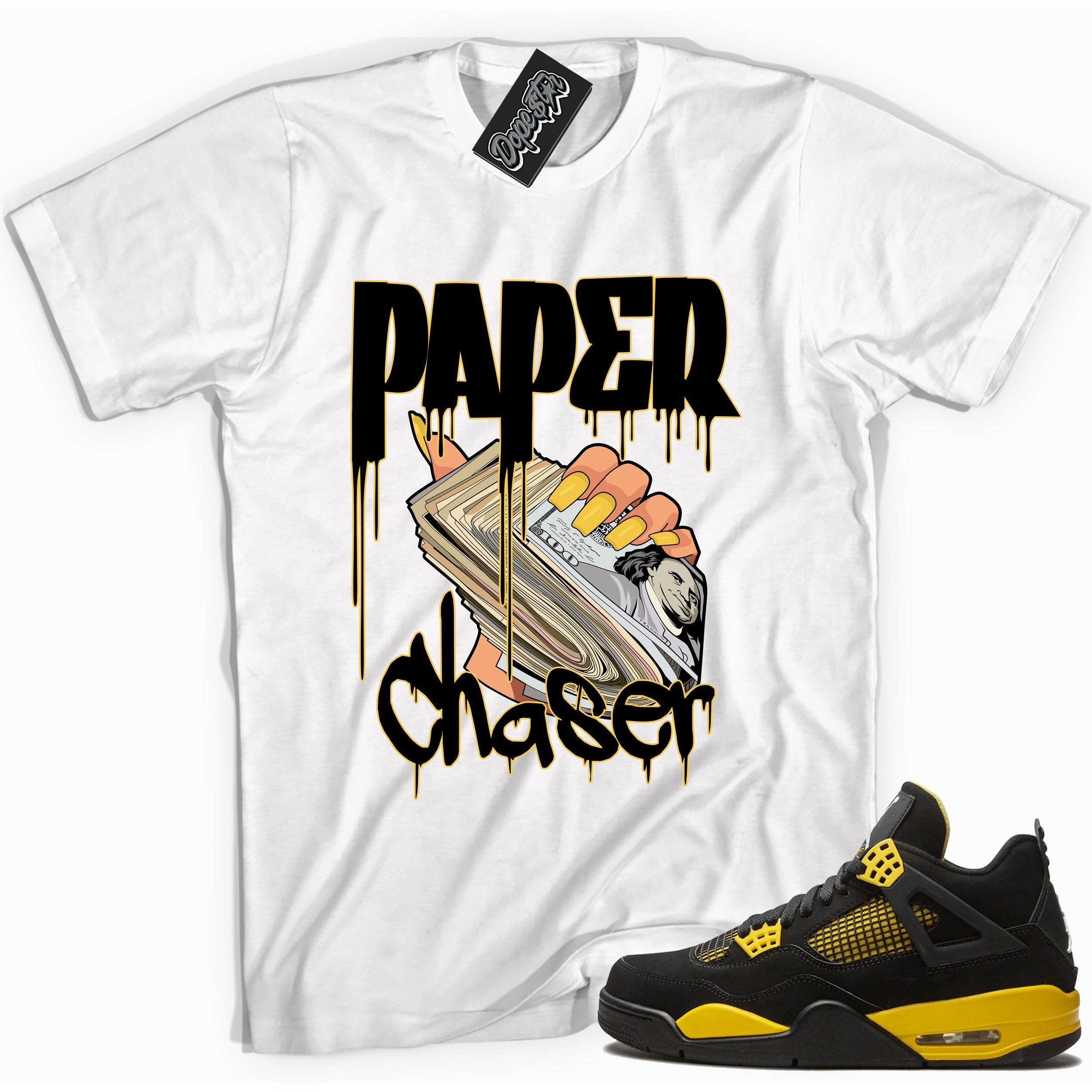 Cool white graphic tee with 'paper chaser' print, that perfectly matches Air Jordan 4 Thunder sneakers
