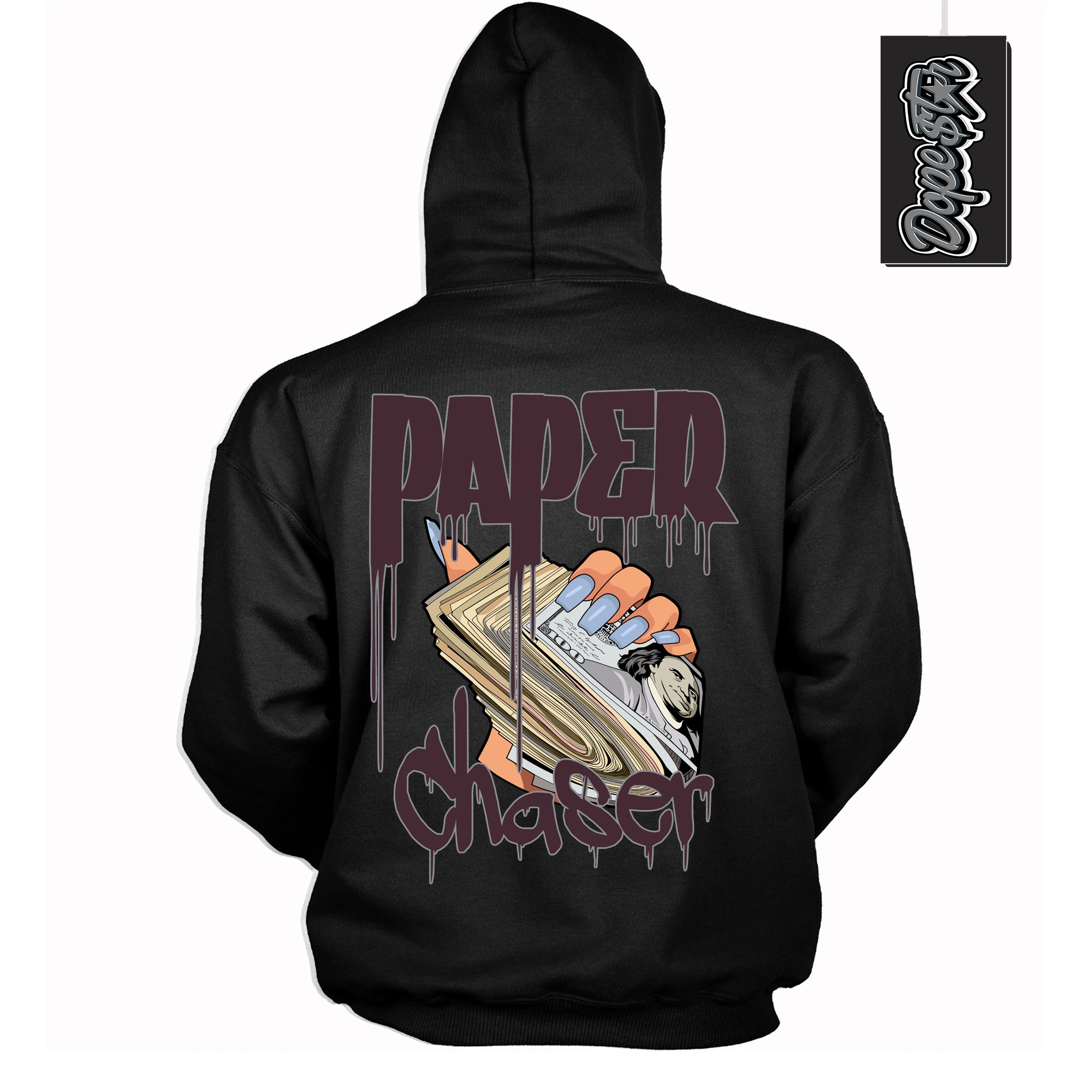 Cool Black Hoodie with “ Paper Chaser ”  design that Perfectly Matches Burgundy 5s Sneakers.