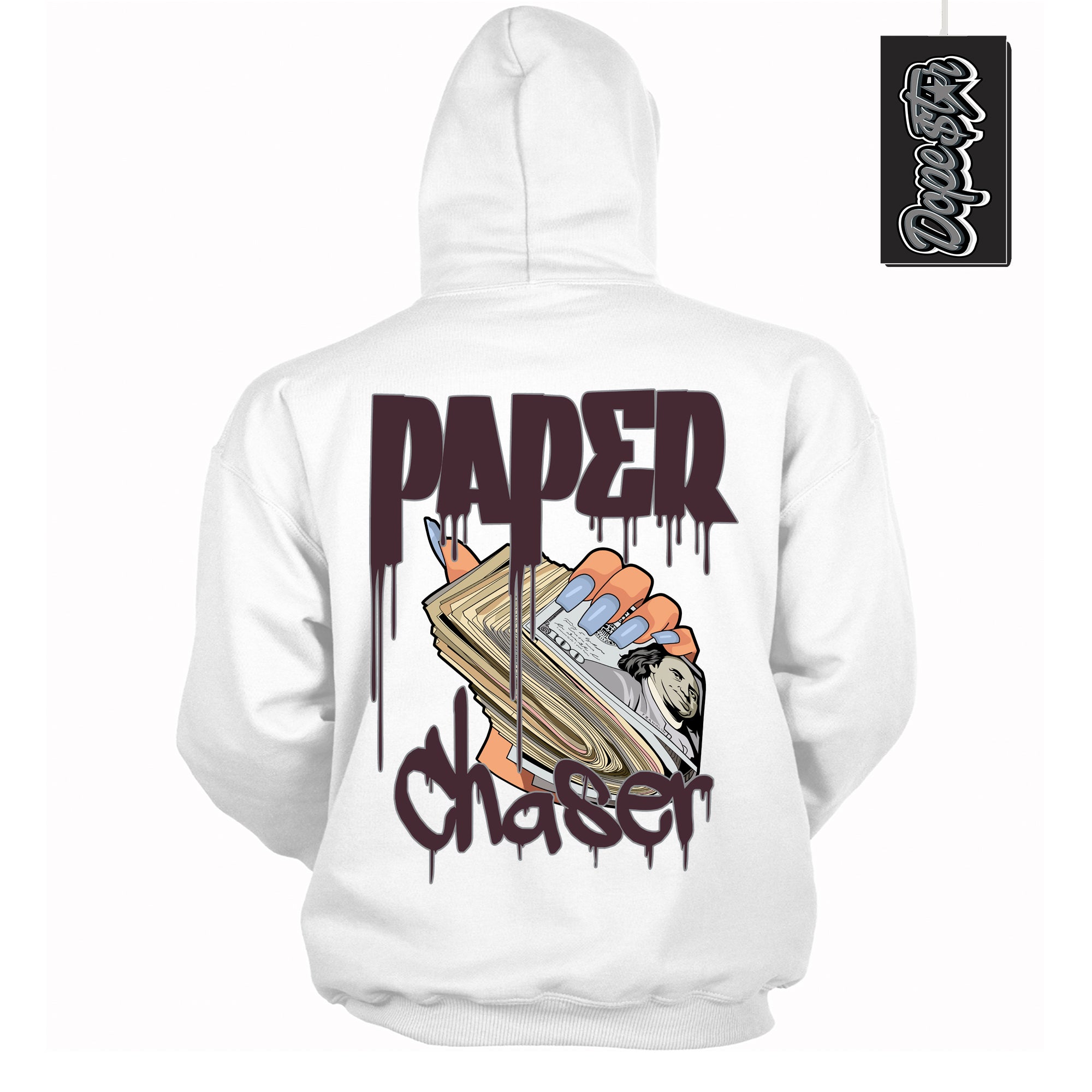 Cool White Hoodie with “ Paper Chaser ”  design that Perfectly Matches Burgundy 5s Sneakers.