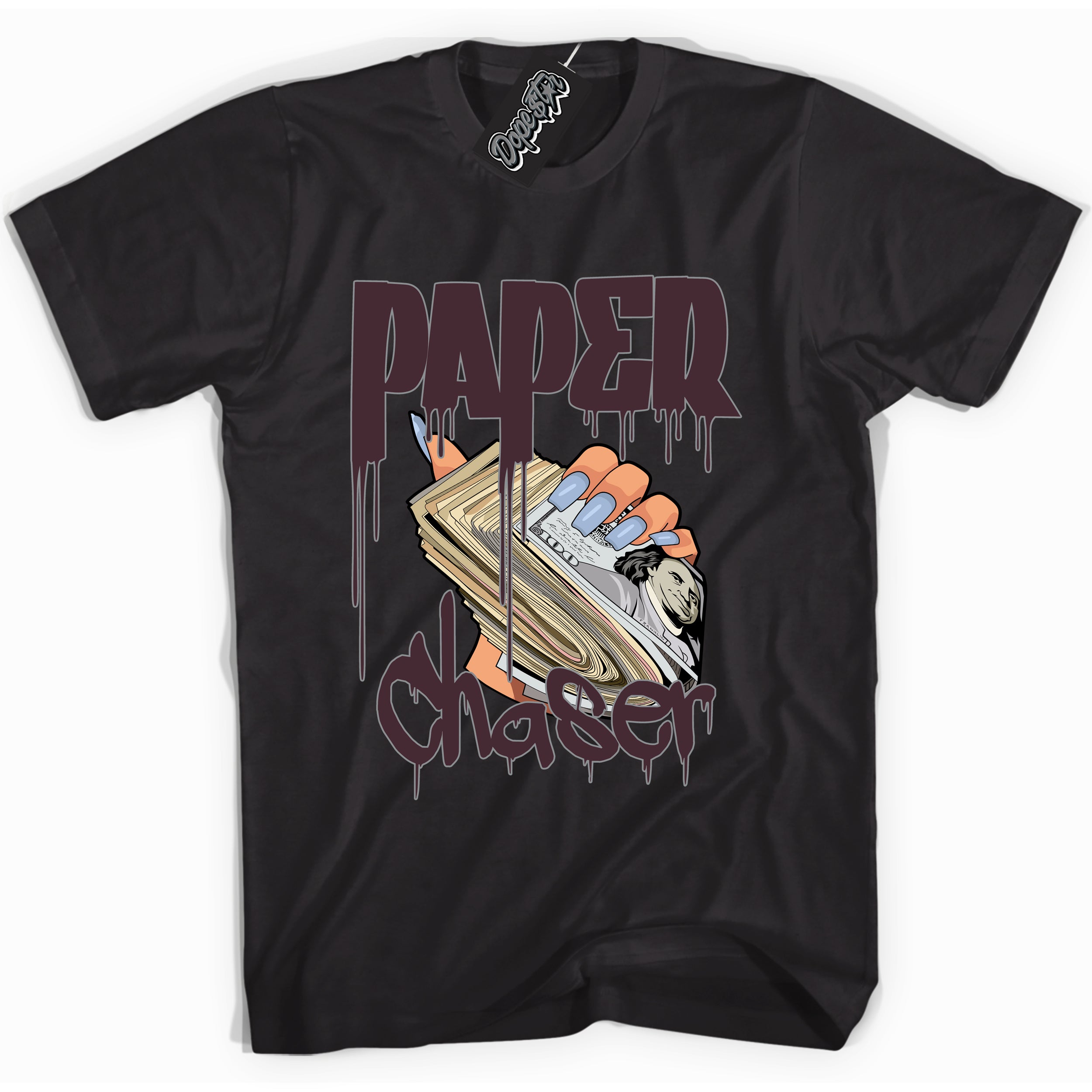 Cool Black Shirt with “ Paper Chaser” design that perfectly matches Burgundy 5s Sneakers.