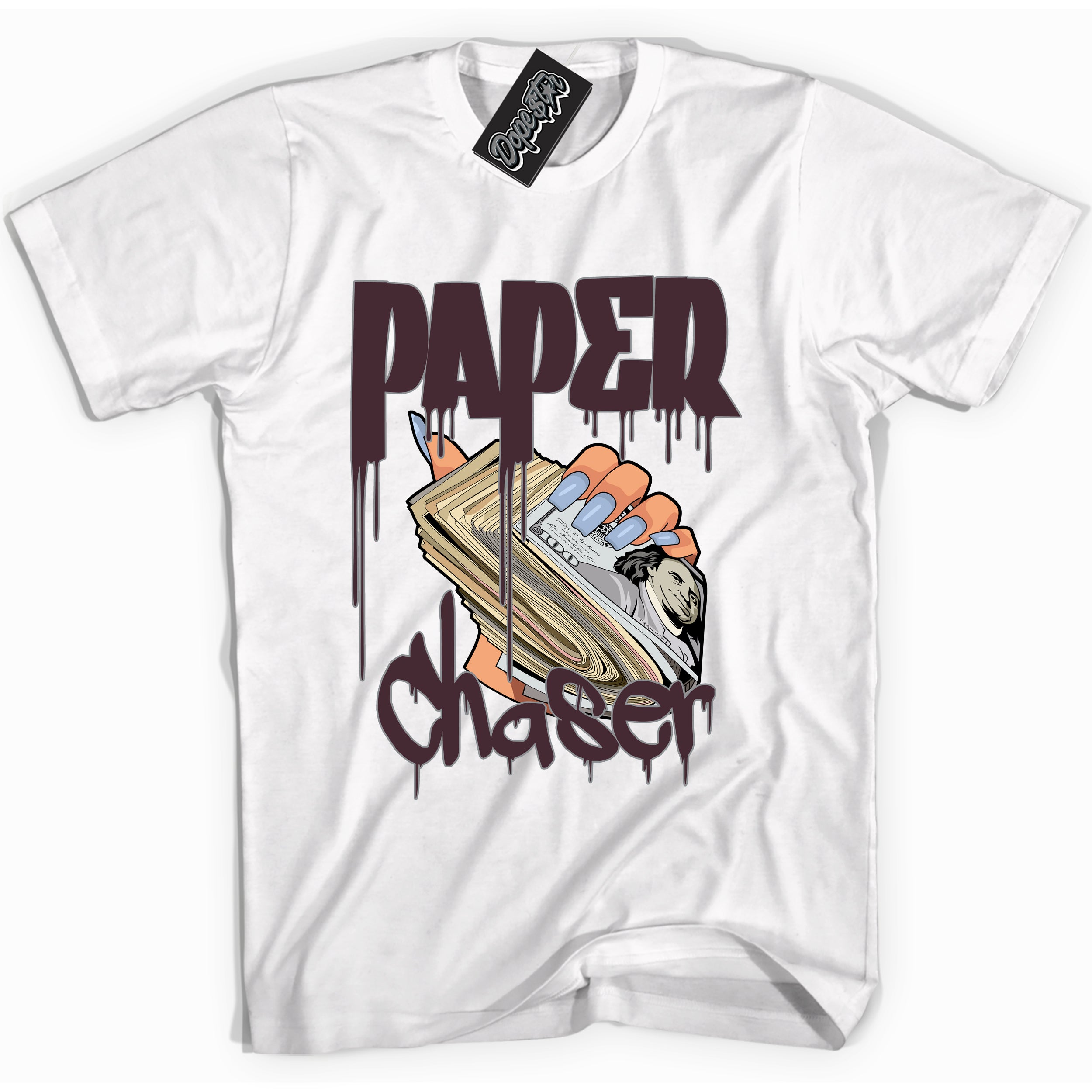 Cool White Shirt with “ Paper Chaser” design that perfectly matches Burgundy 5s Sneakers.