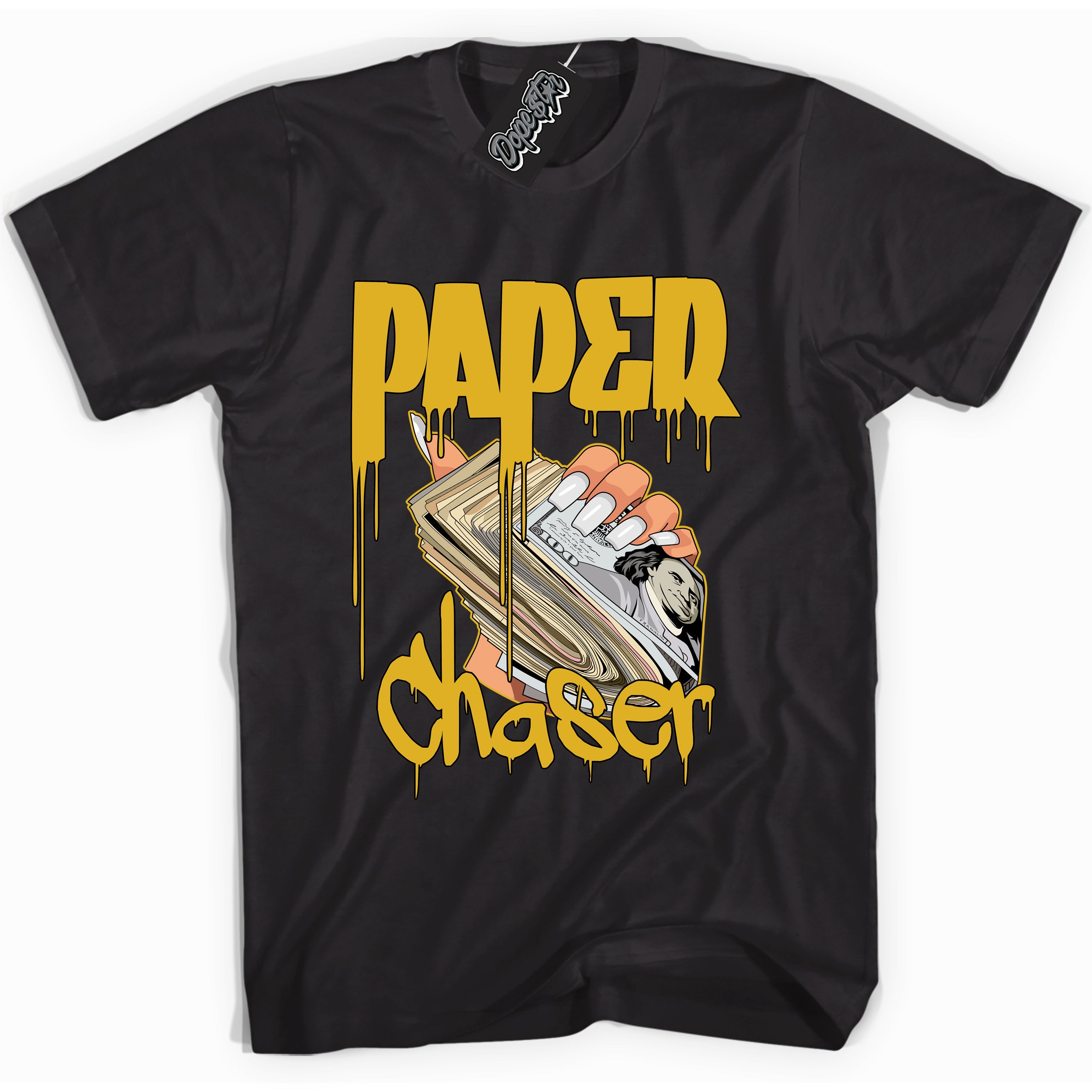 Cool Black Shirt with “ Paper Chaser ” design that perfectly matches Yellow Ochre 6s Sneakers.