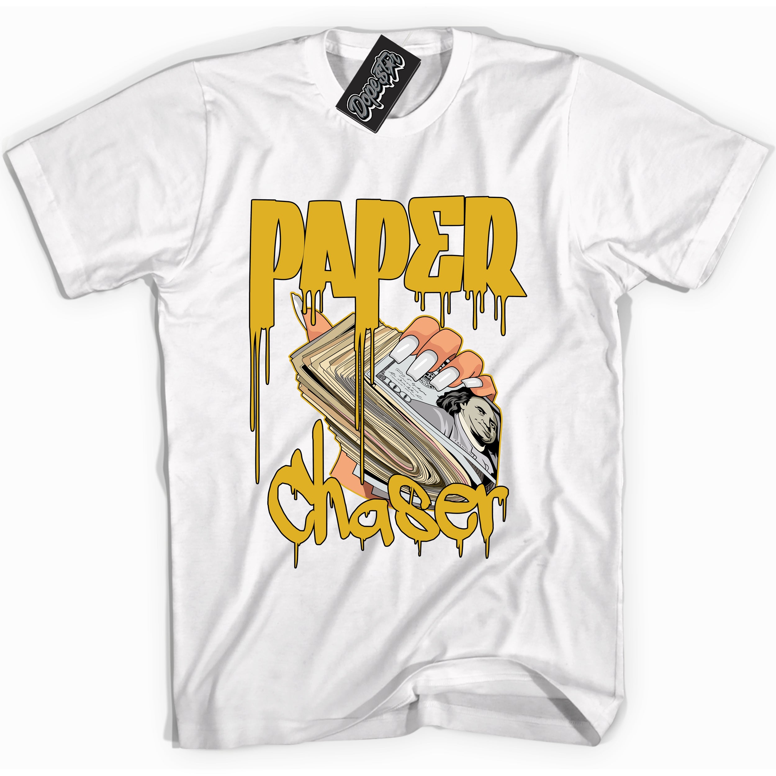 Cool White Shirt with “ Paper Chaser” design that perfectly matches Yellow Ochre 6s Sneakers.