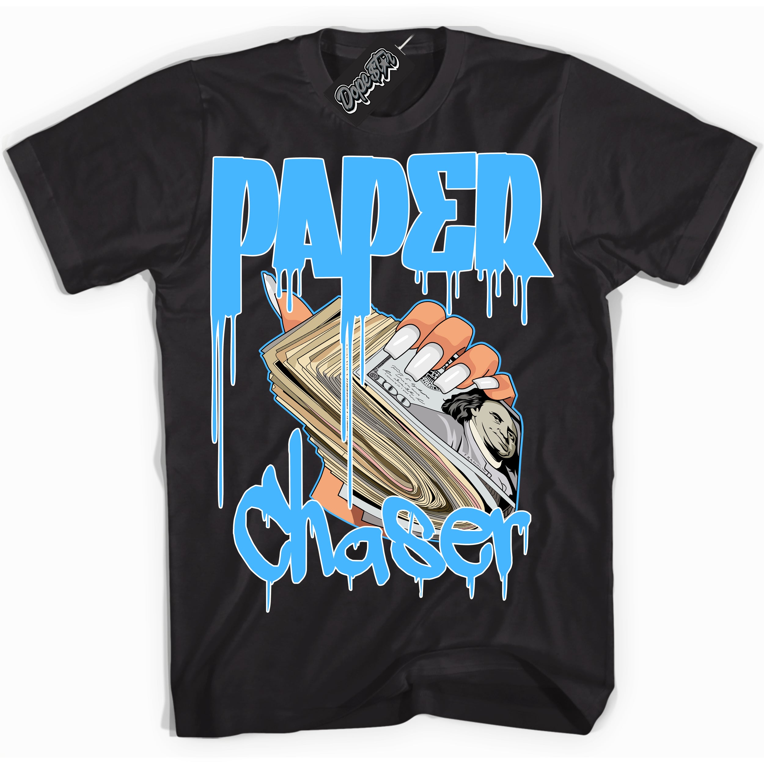 Cool Black graphic tee with “ Paper Chaser” design, that perfectly matches Powder Blue 9s sneakers 