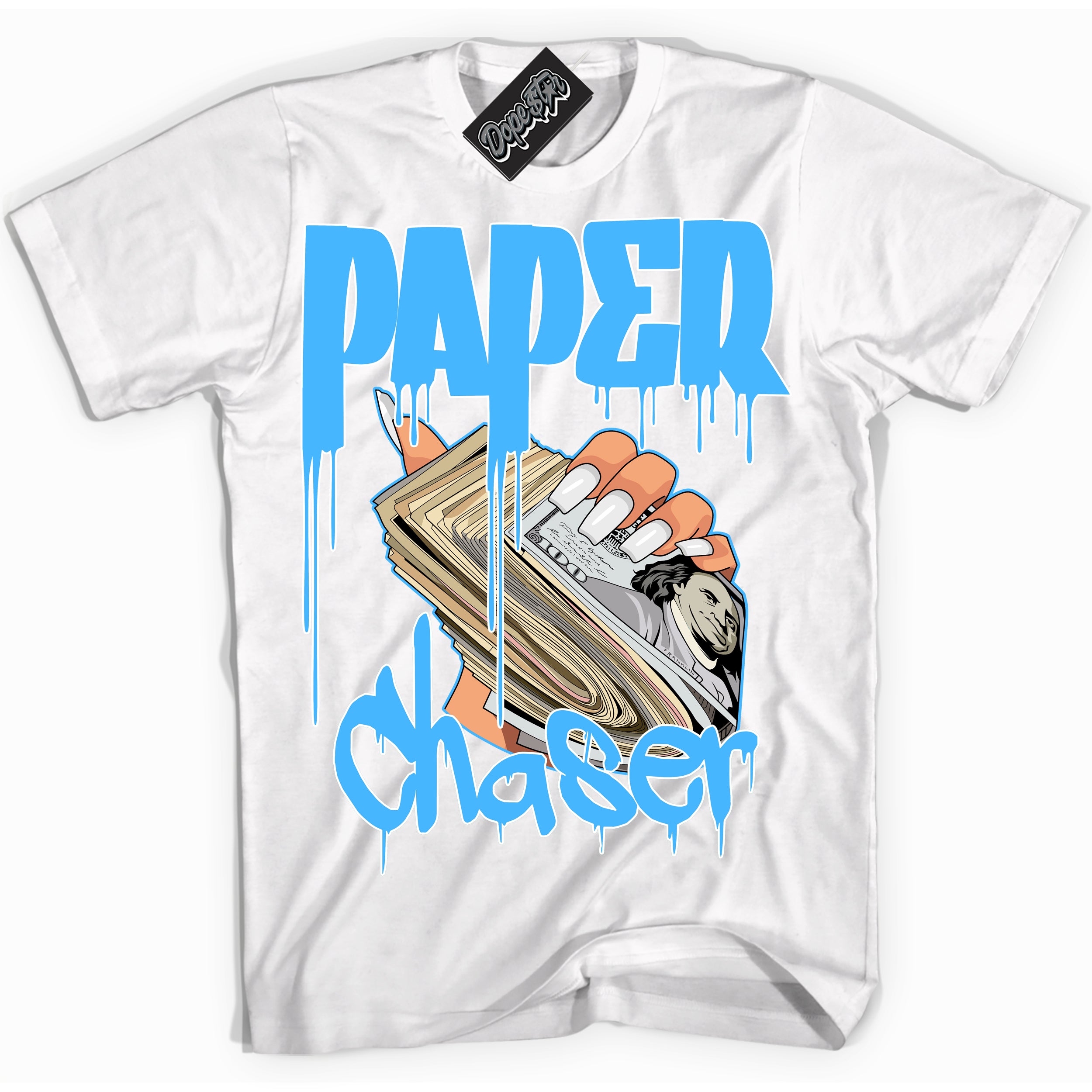 Cool White graphic tee with “ Paper Chaser ” design, that perfectly matches Powder Blue 9s sneakers 