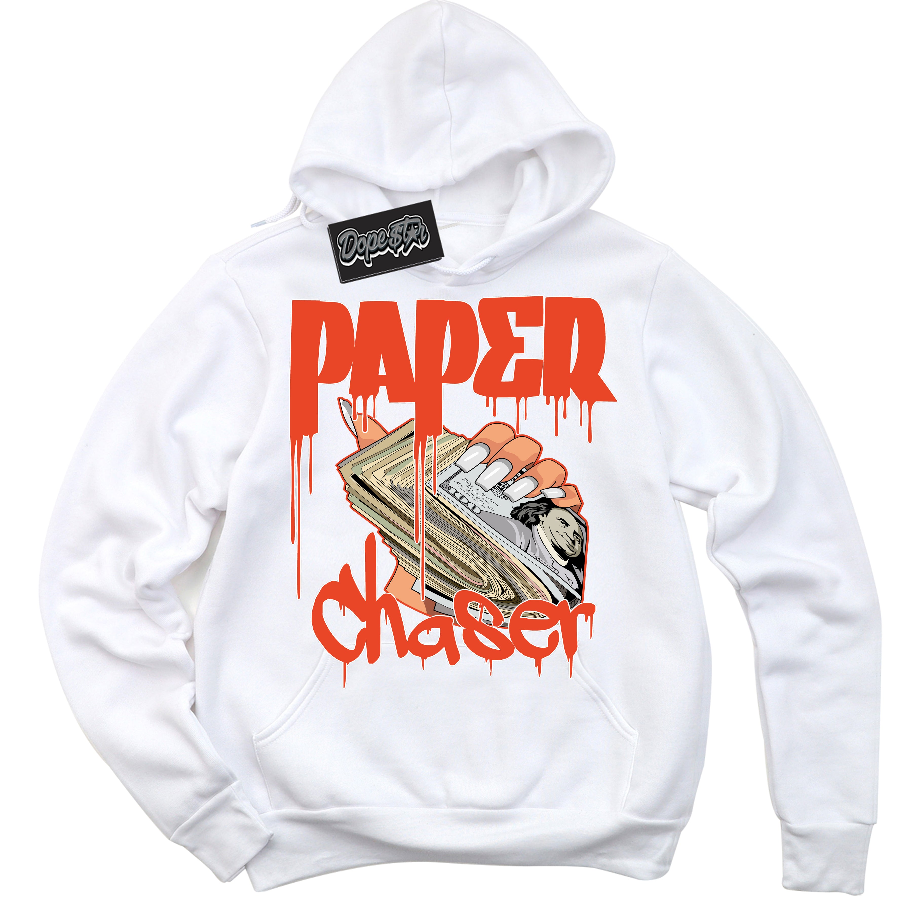 Nike Dunk Low Retro Cosmic Clay 'Paper Chaser' Hoodie - White Streetwear Mockup | Sneakerhead Sweatshirt Matching Nike Dunk Low Retro Cosmic Clay | Limited Edition Urban Streetwear for Sneaker Matching OOTD | Outfits that pair perfectly with your ND Low Retro Cosmic Clay | Sneakerhead Fashion Must-Have Apparel for Men and Women.