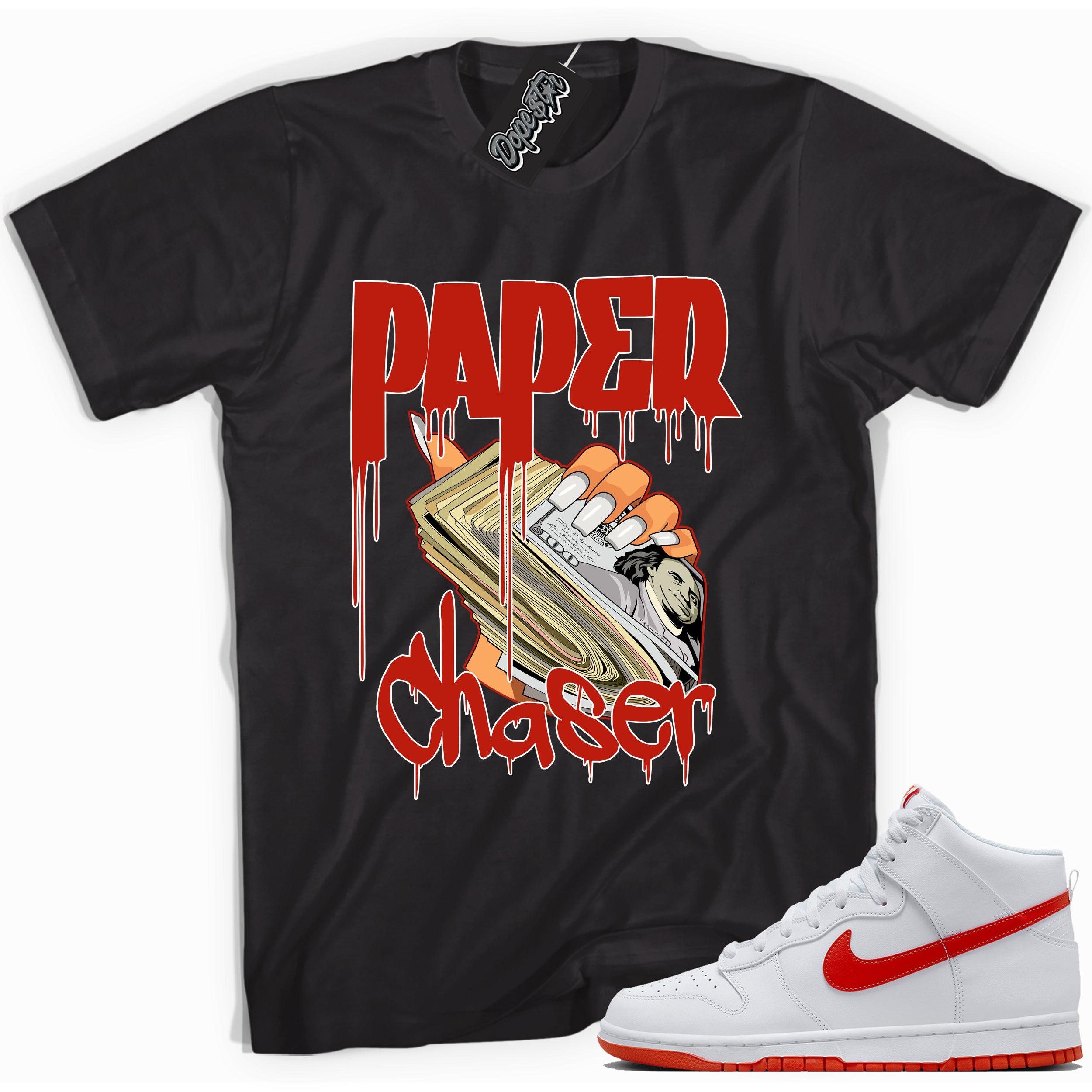 Cool black graphic tee with 'paper chaser' print, that perfectly matches Nike Dunk High White Picante Red sneakers.