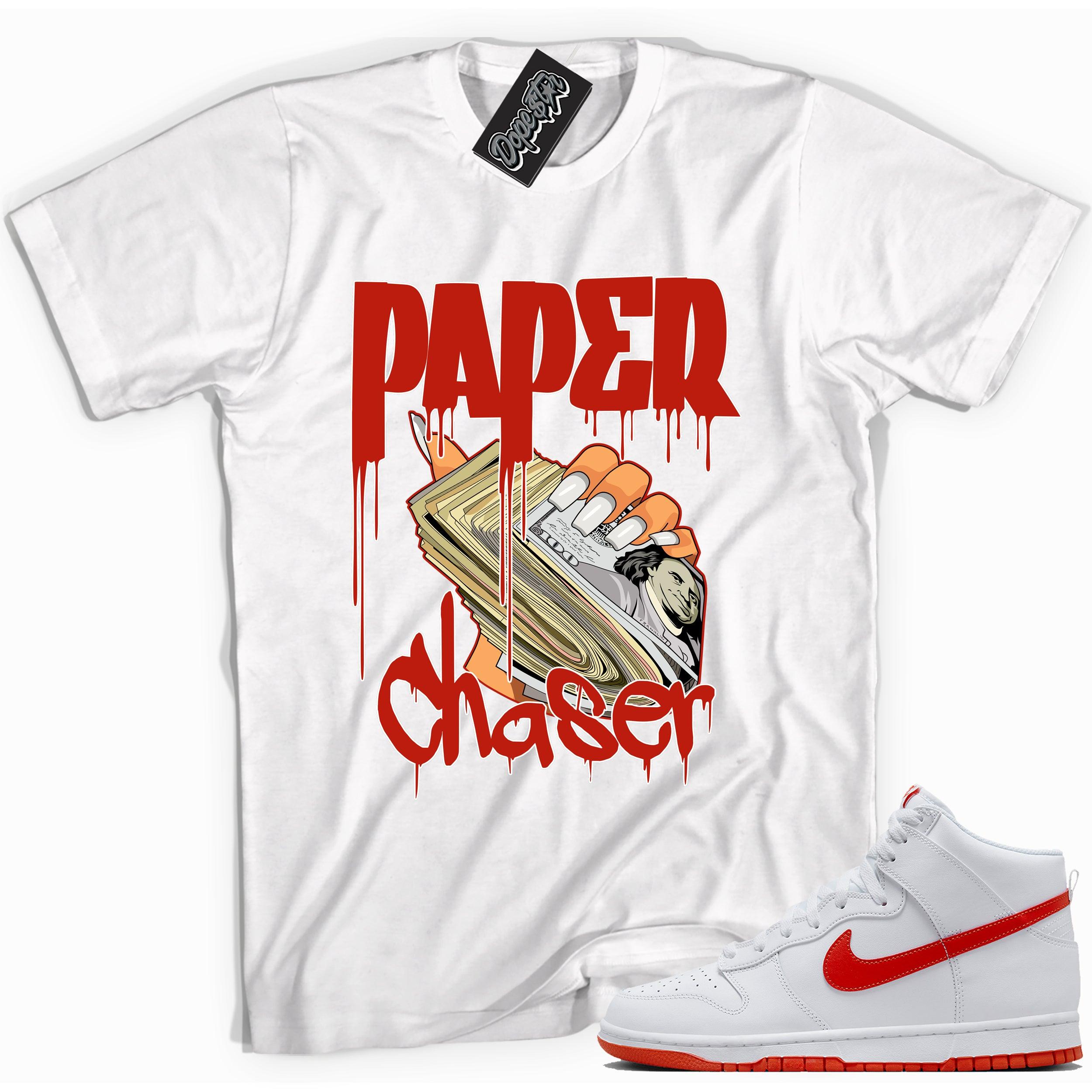 Cool white graphic tee with 'paper chaser' print, that perfectly matches Nike Dunk High White Picante Red sneakers.