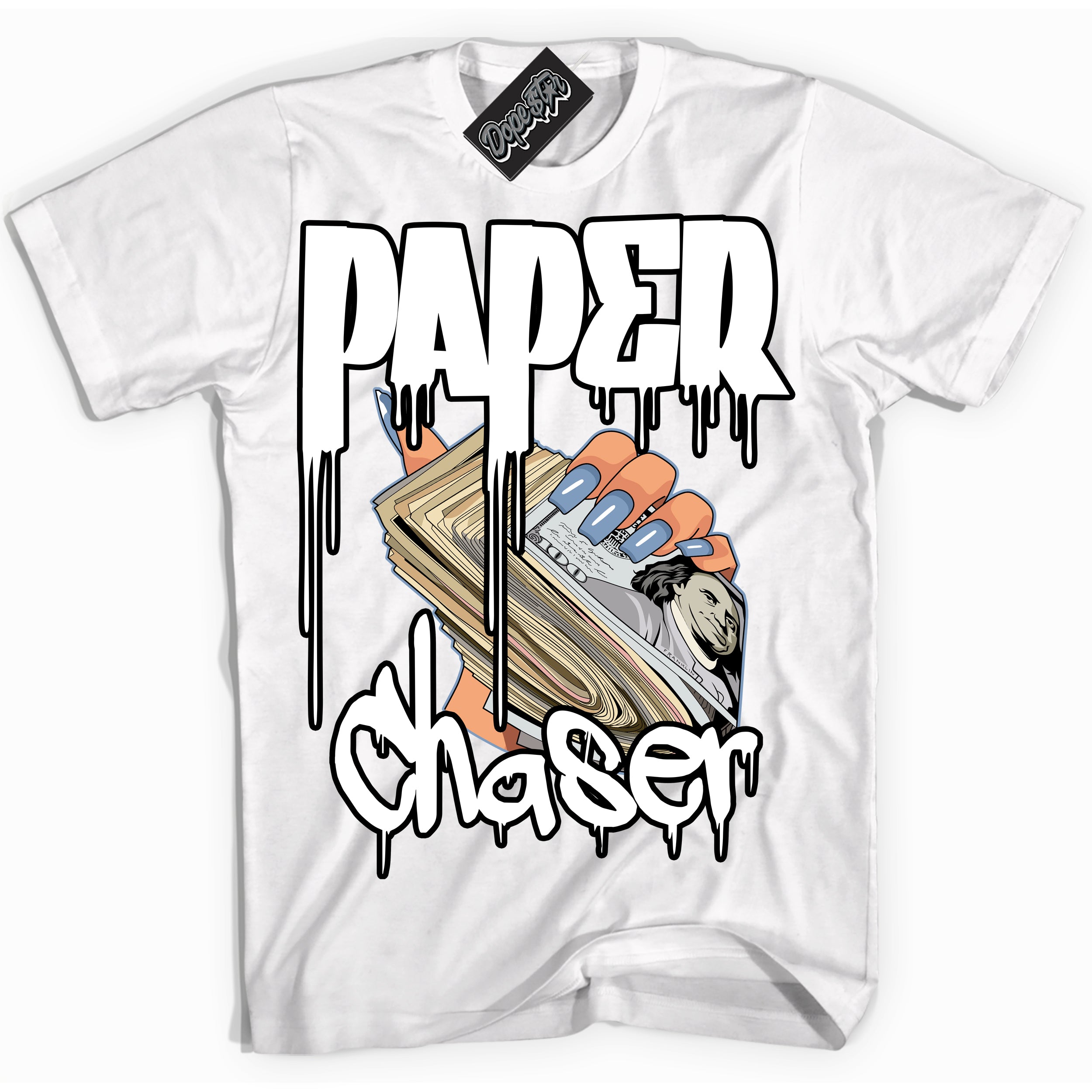 Cool White Shirt with “ Paper Chaser” design that perfectly matches Reverse Oreo 6s Sneakers.