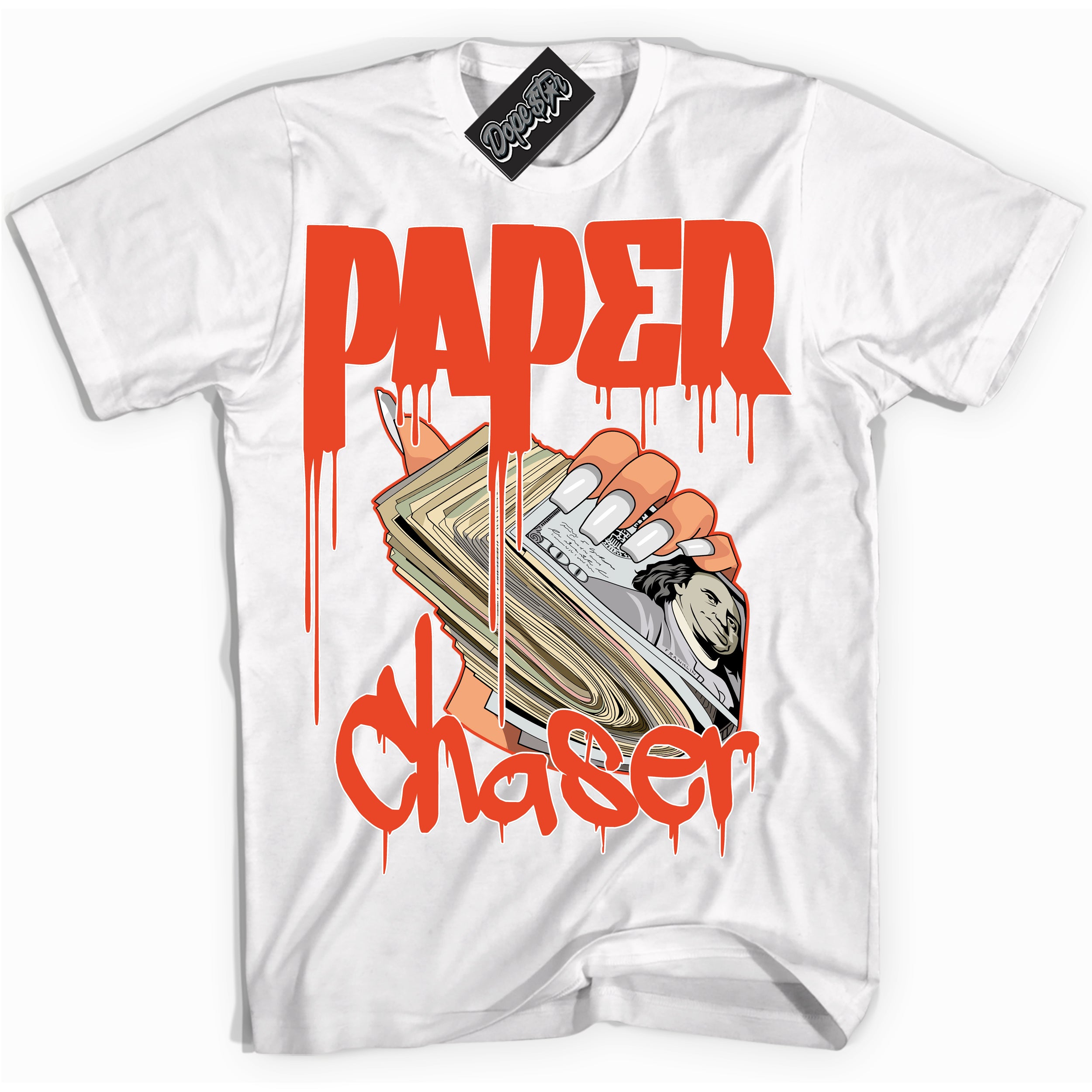 Nike Dunk Low Retro Cosmic Clay 'Paper Chaser' Shirt - White Streetwear Mockup | Sneakerhead T-Shirt Matching Nike Dunk Low Retro Cosmic Clay | Limited Edition Urban Streetwear for Sneaker Matching OOTD | Outfits that pair perfectly with your ND Low Retro Cosmic Clay | Sneakerhead Fashion Must-Have Apparel for Men and Women