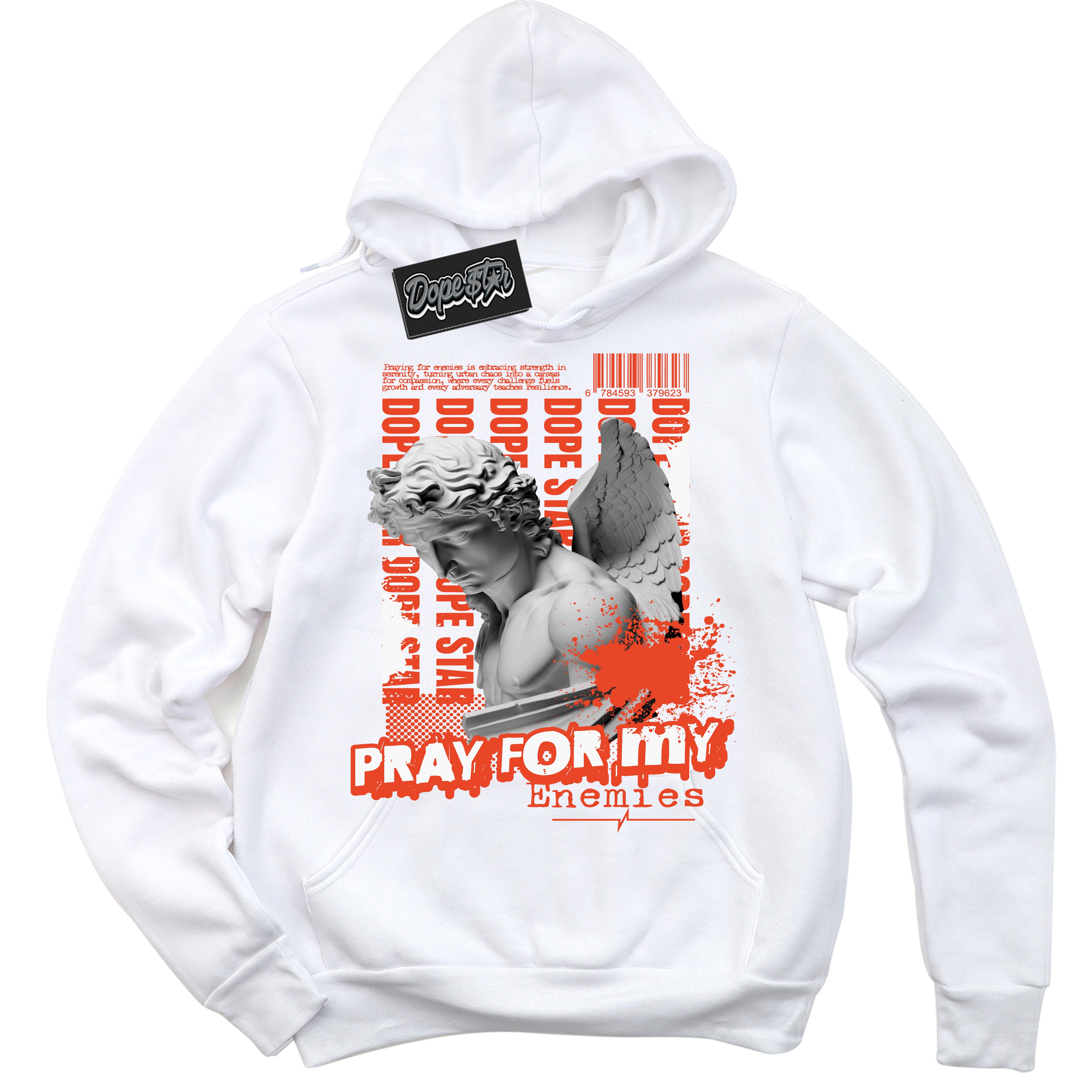 Nike Dunk Low Retro Cosmic Clay 'Pray Enemies' Hoodie - White Streetwear Mockup | Sneakerhead Sweatshirt Matching Nike Dunk Low Retro Cosmic Clay | Limited Edition Urban Streetwear for Sneaker Matching OOTD | Outfits that pair perfectly with your ND Low Retro Cosmic Clay | Sneakerhead Fashion Must-Have Apparel for Men and Women.