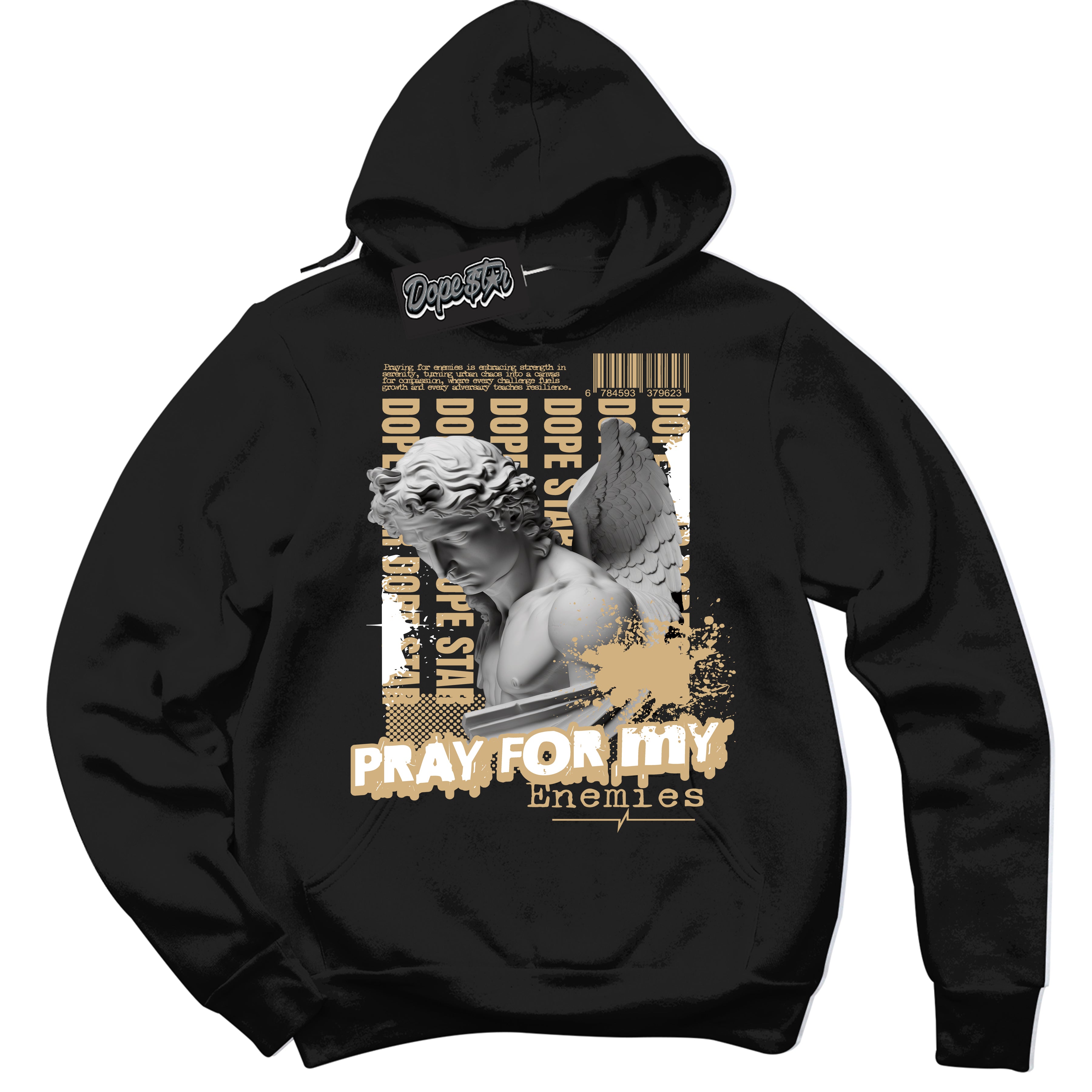 Jordan MVP White Metallic Gold ‘Pray Enemies’ – Black Streetwear Hoodie | Sneaker Matching sweatshirt for Jordan MVP White Metallic Gold | Men's and Women's Streetwear Graphic Hoodie by Sneaker Shirts Outlet