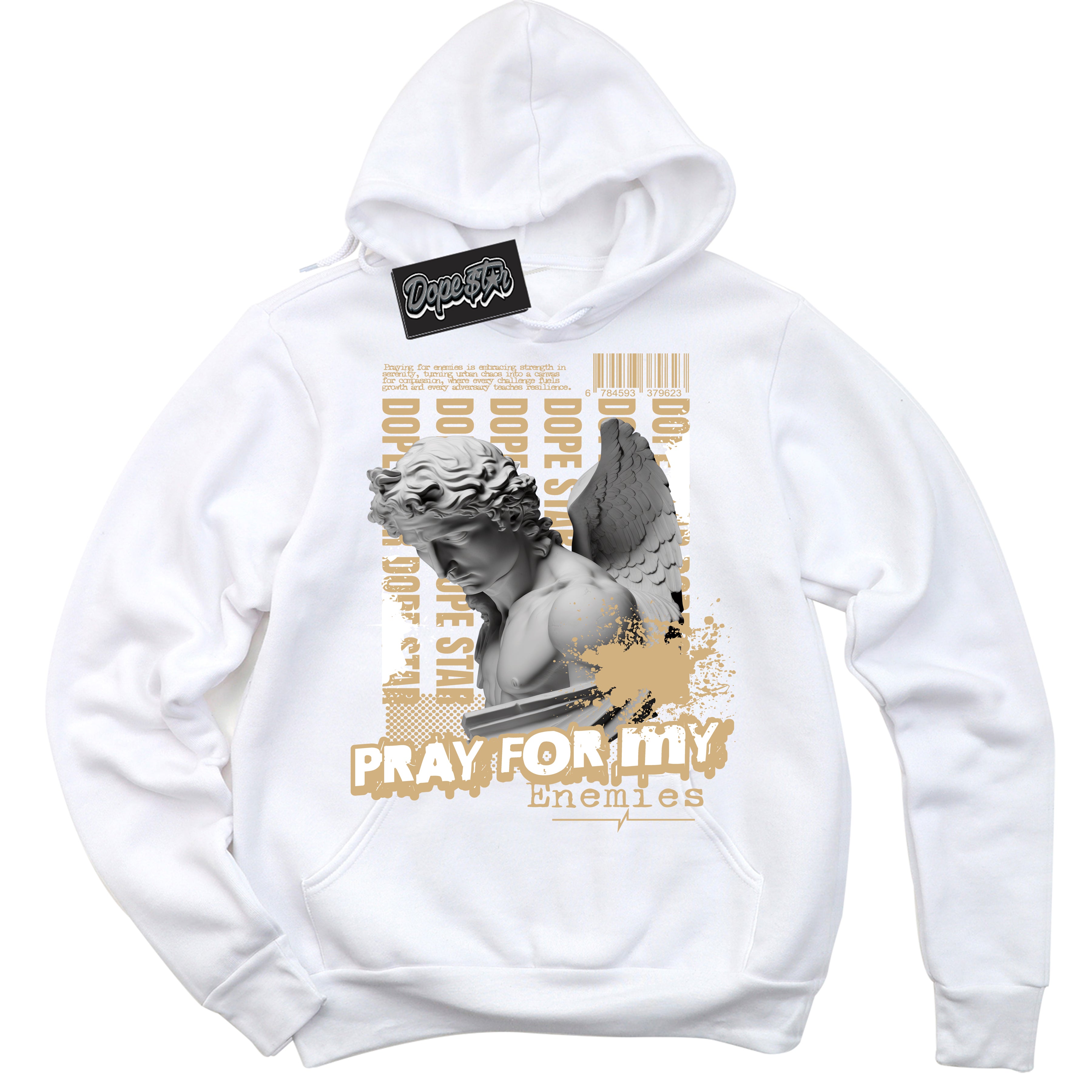 Jordan MVP White Metallic Gold ‘Pray Enemies’ – White Streetwear Hoodie | Sneaker Matching sweatshirt for Jordan MVP White Metallic Gold | Men's and Women's Streetwear Graphic Hoodie by Sneaker Shirts Outlet
