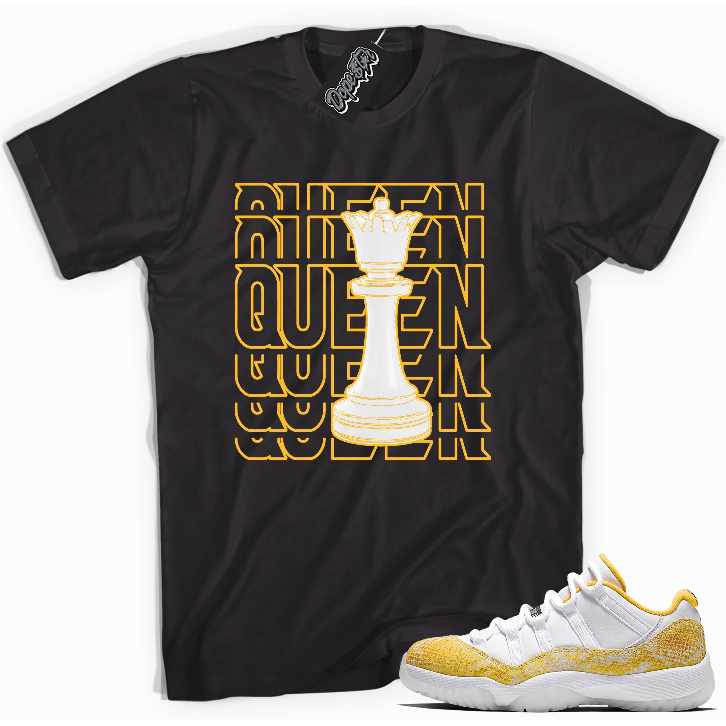 Cool black graphic tee with 'Queen' print, that perfectly matches  Air Jordan 11 Retro Low Yellow Snakeskin sneakers