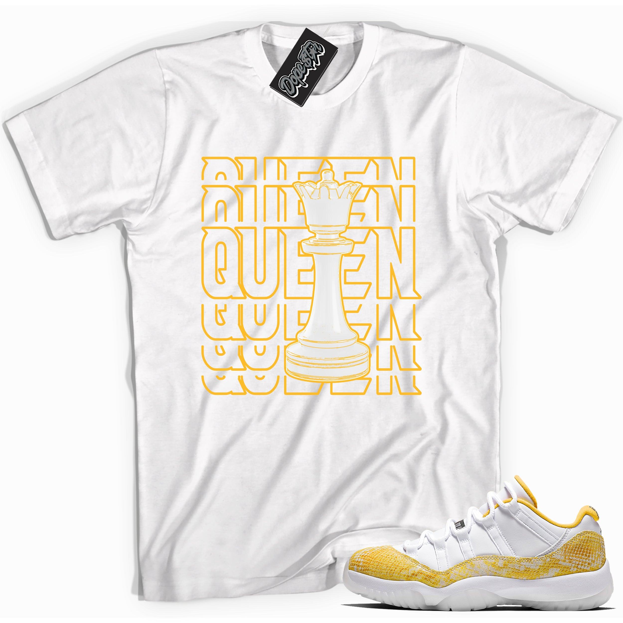 Cool white graphic tee with 'Queen' print, that perfectly matches Air Jordan 11 Retro Low Yellow Snakeskin sneakers