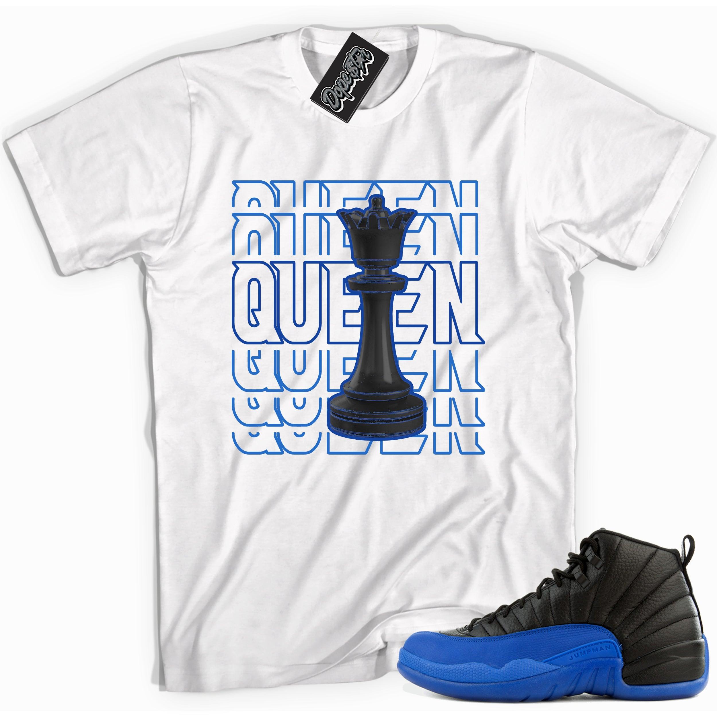 Cool white graphic tee with 'queen piece' print, that perfectly matches Air Jordan 12 Retro Black Game Royal sneakers.