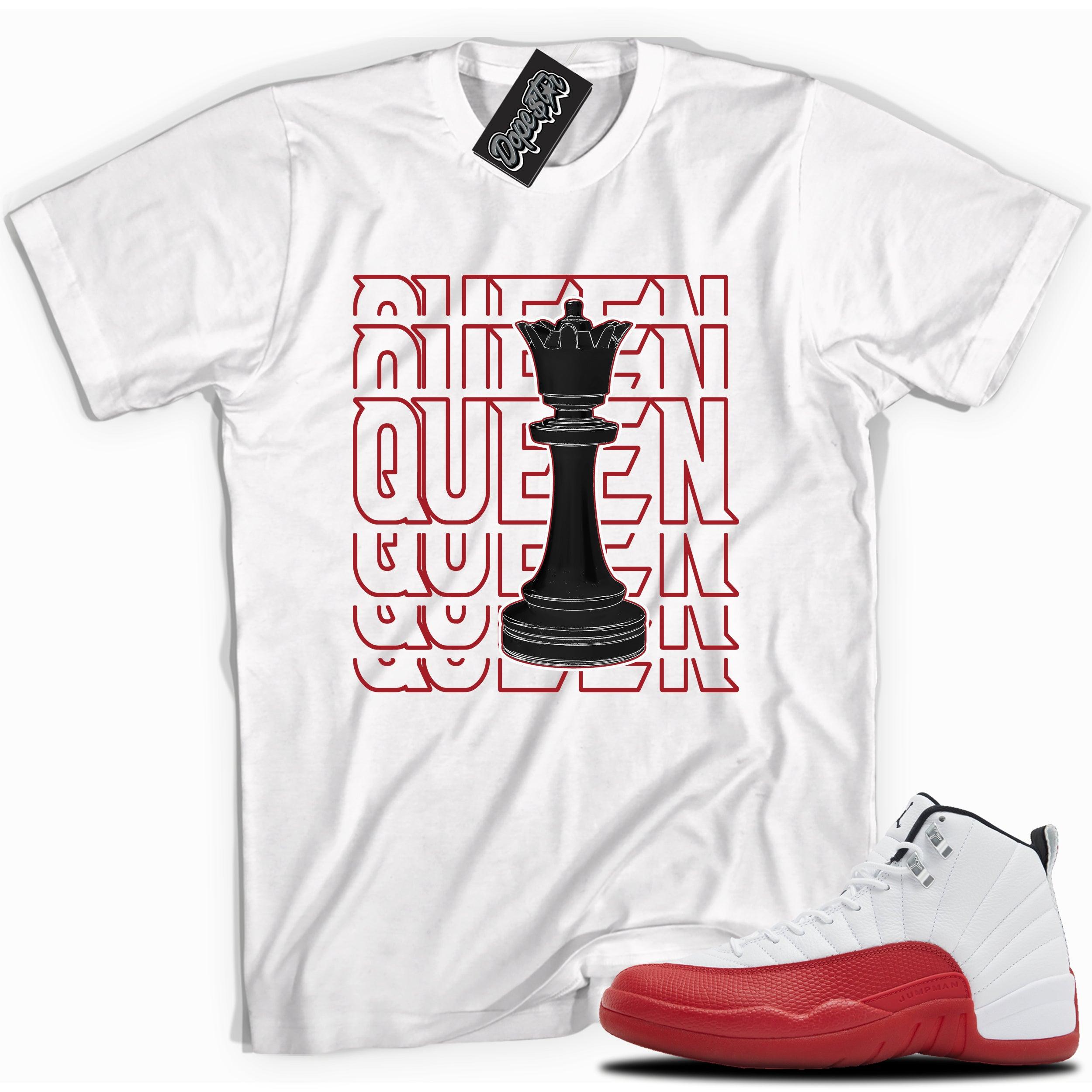 Cool White graphic tee with “QUEEN” print, that perfectly matches Air Jordan 12 Retro Cherry Red 2023 red and white sneakers