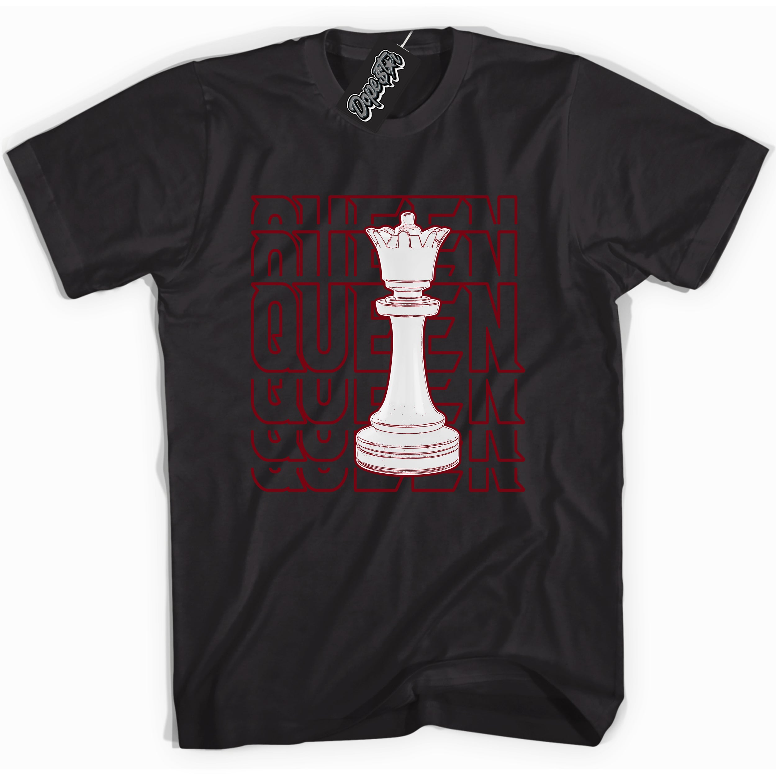 Cool Black graphic tee with “ Queen Chess ” print, that perfectly matches OG Metallic Burgundy 1s sneakers 