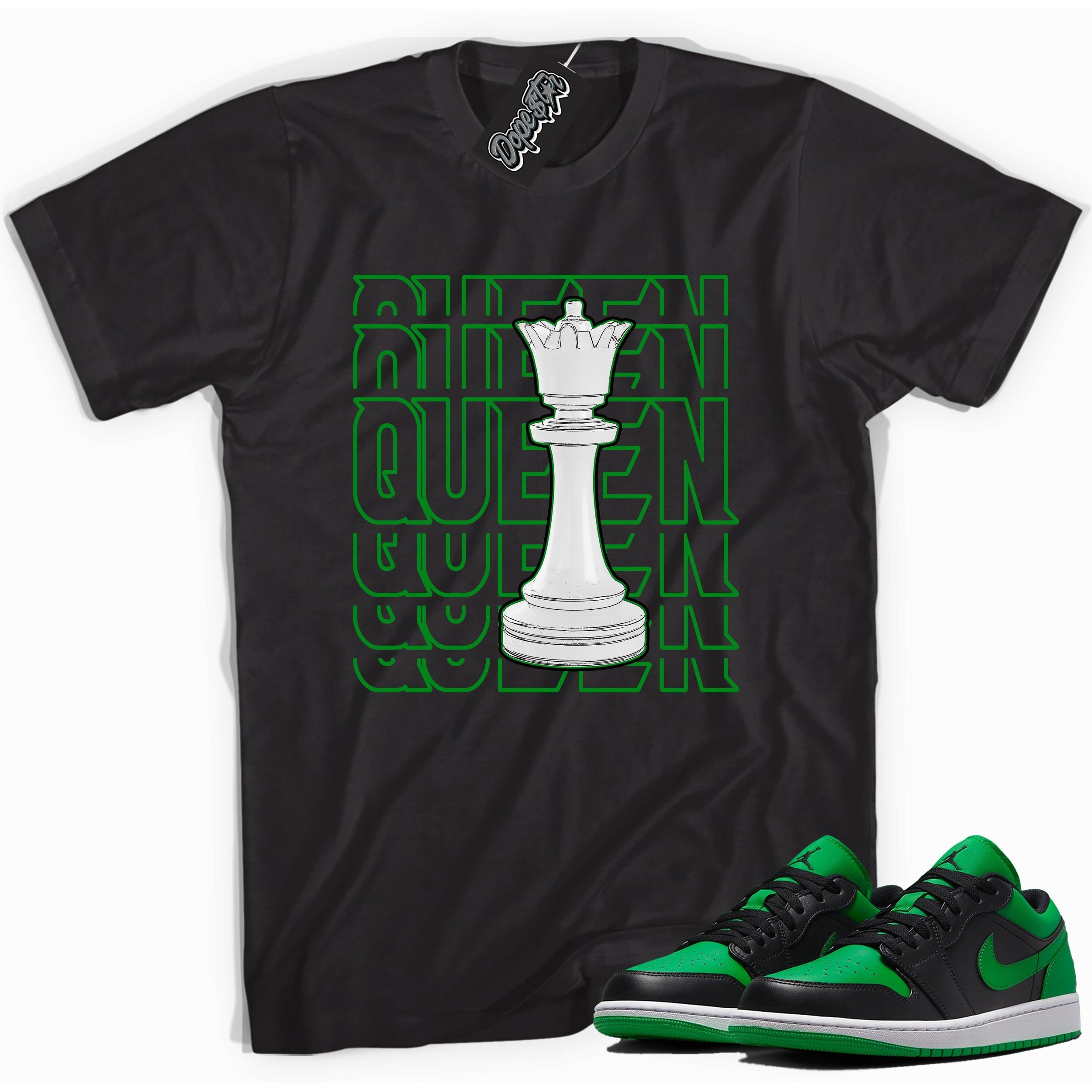 Cool black graphic tee with 'Queen' print, that perfectly matches Air Jordan 1 Low Lucky Green sneakers