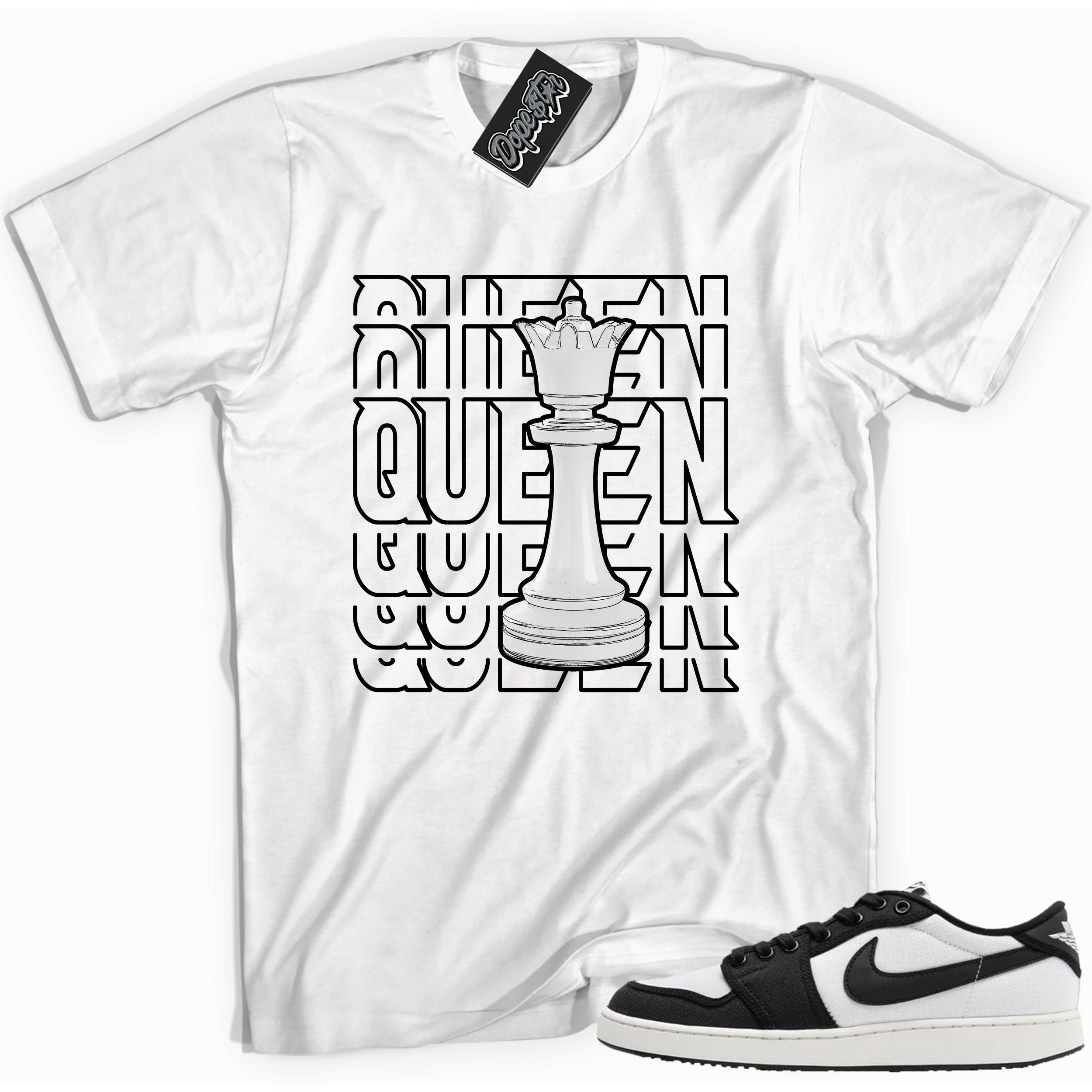 Cool white graphic tee with 'queen chess piece' print, that perfectly matches Air Jordan 1 Retro Ajko Low Black & White sneakers.