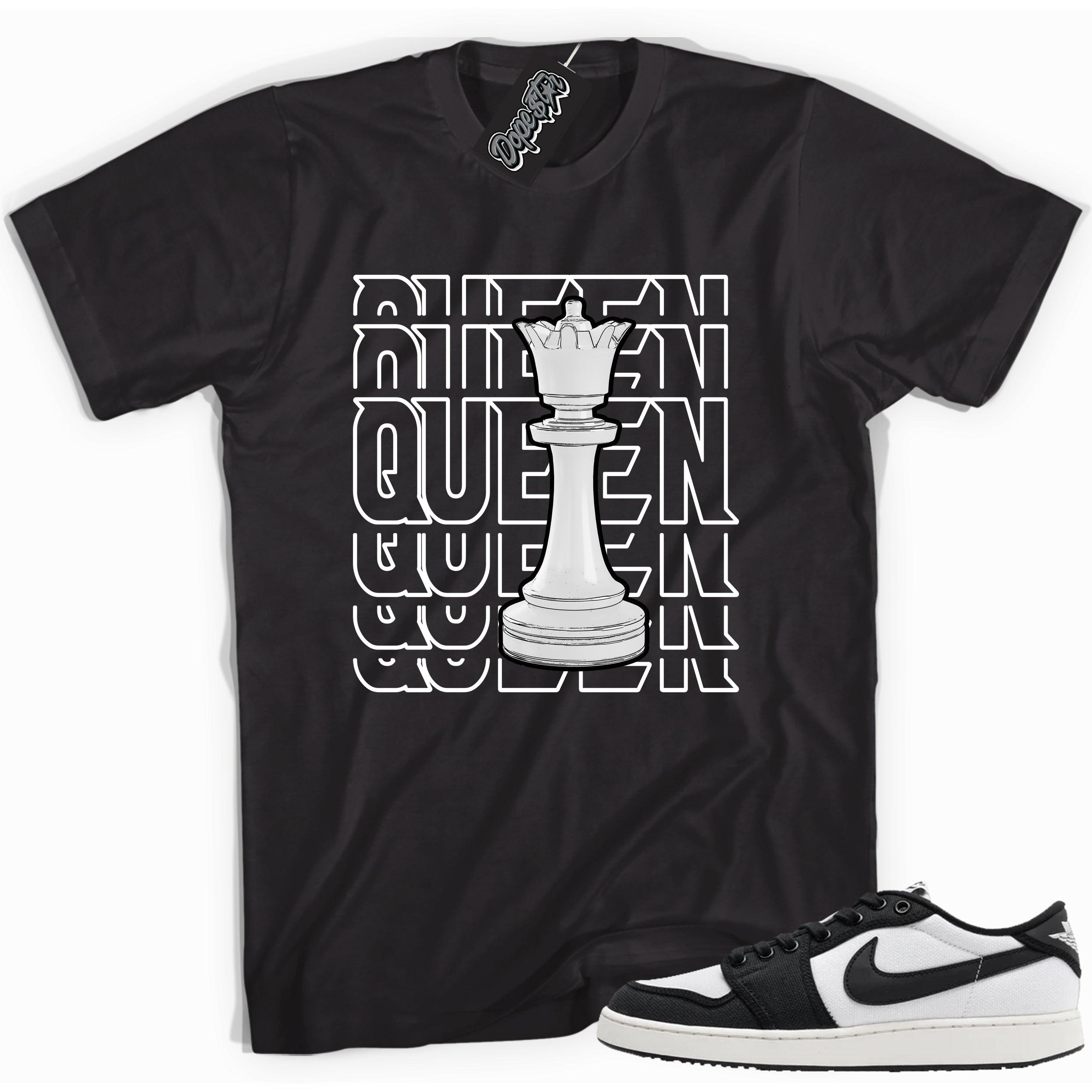 Cool black graphic tee with 'queen chess piece' print, that perfectly matches Air Jordan 1 Retro Ajko Low Black & White sneakers.