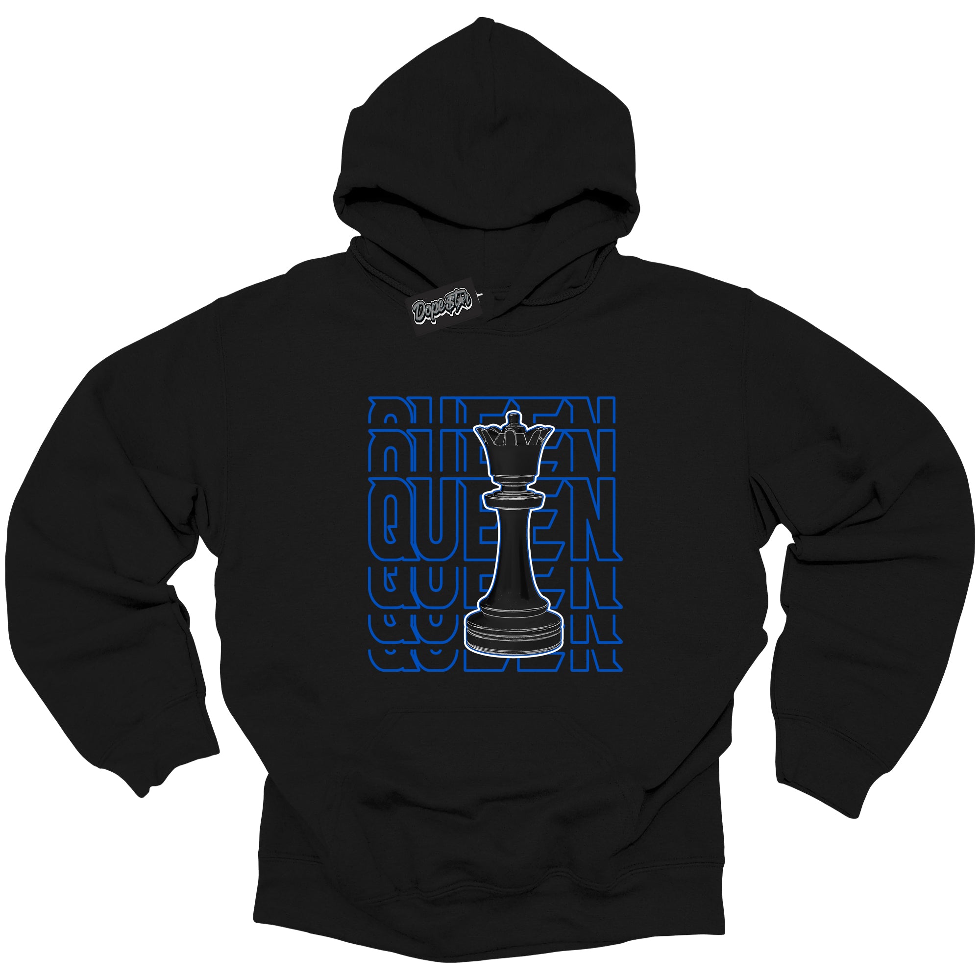 Cool Black Hoodie with “ Queen Chess ”  design that Perfectly Matches  Royal Reimagined 1s Sneakers.