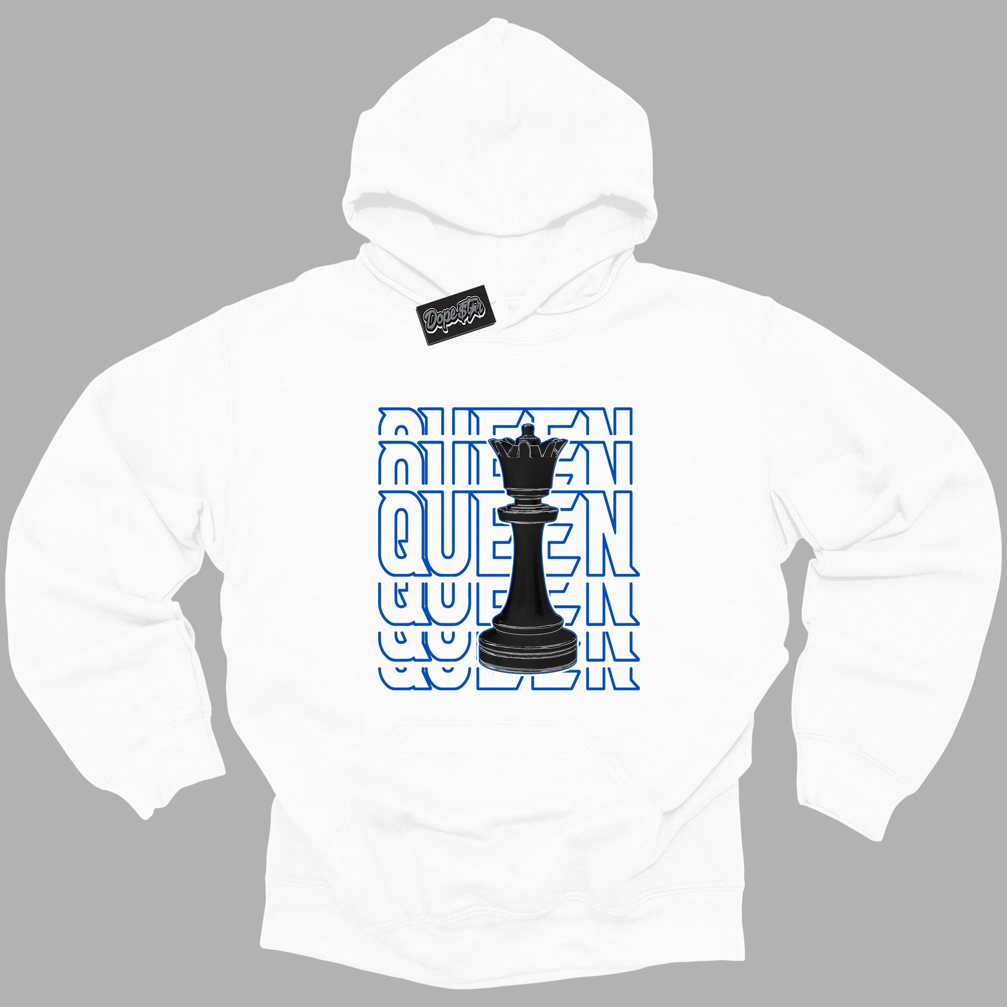 Cool White Hoodie with “ Queen Chess ”  design that Perfectly Matches Royal Reimagined 1s Sneakers.