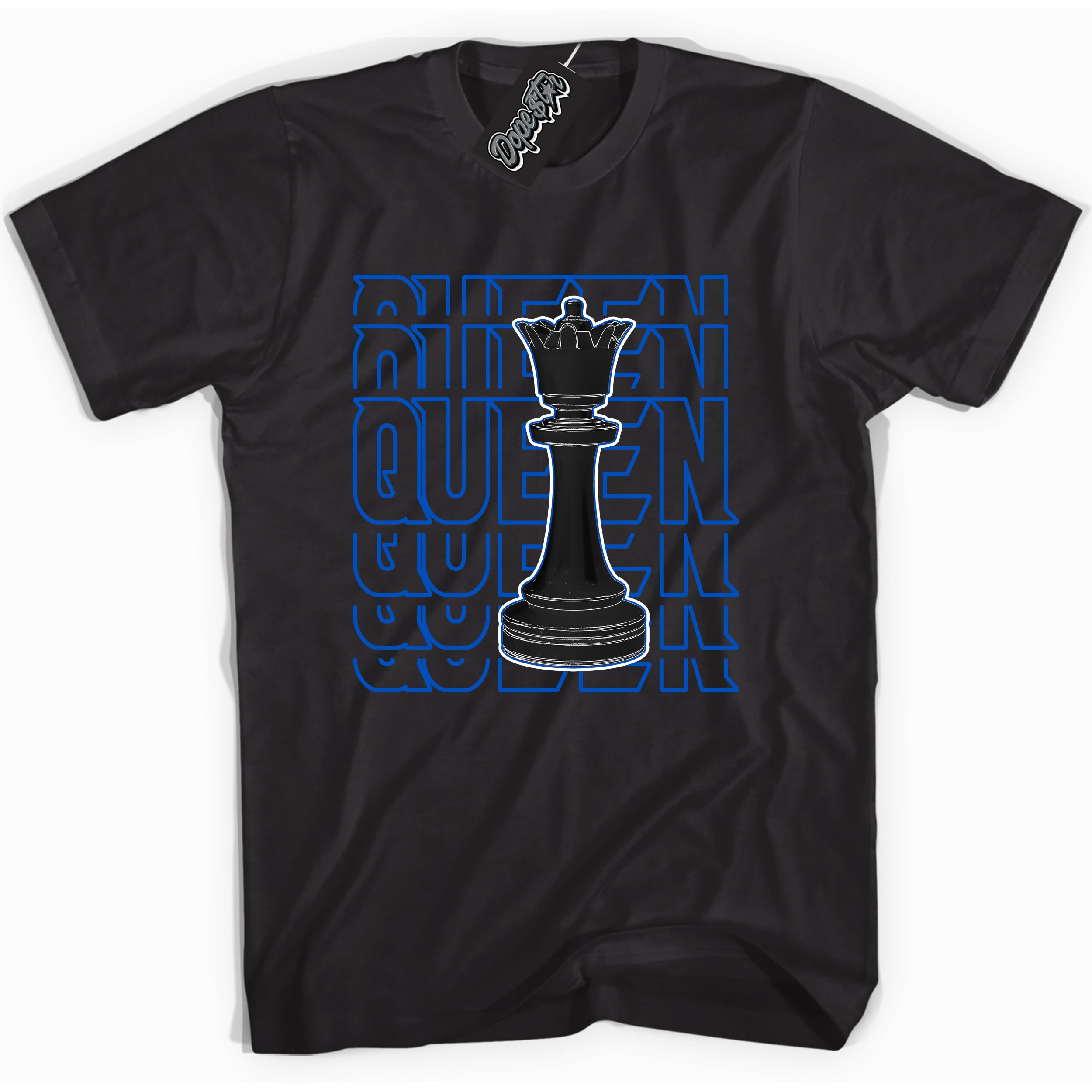 Cool Black graphic tee with "Queen Chess" design, that perfectly matches Royal Reimagined 1s sneakers 