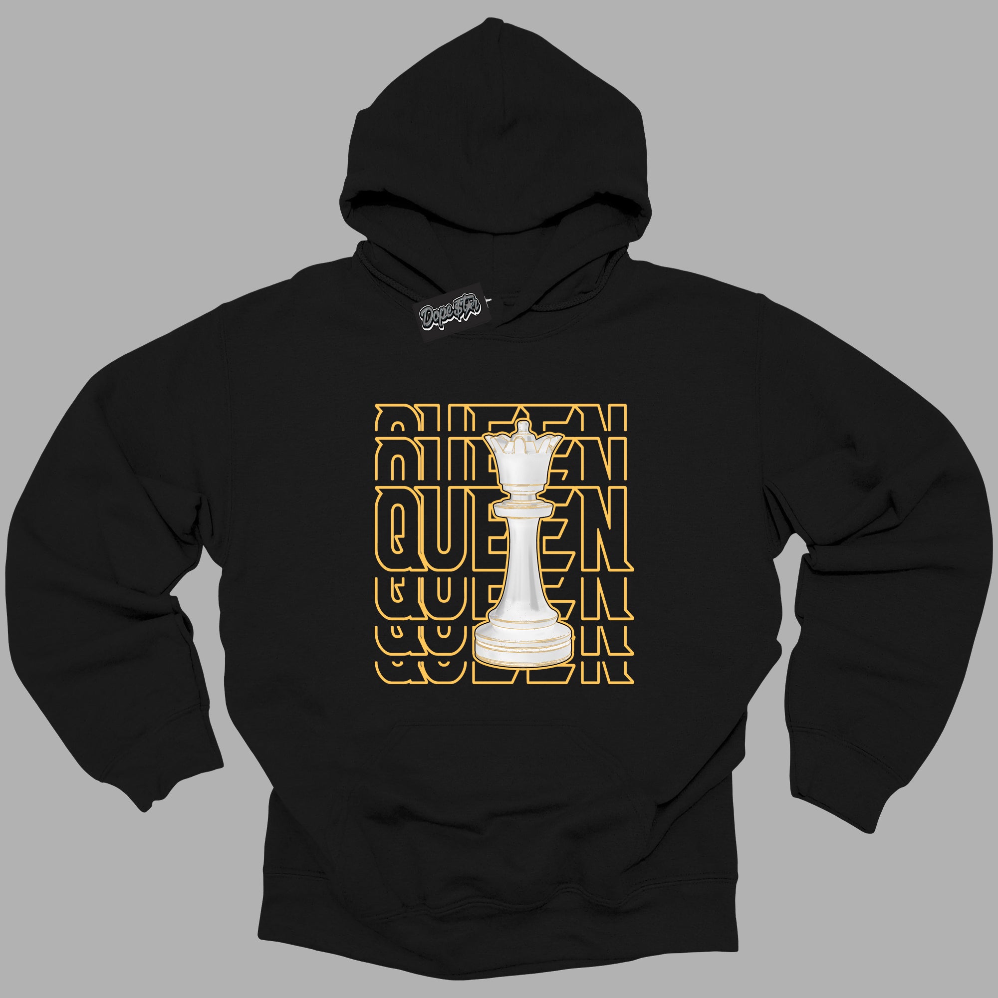 Cool Black Hoodie with “ Queen Chess ”  design that Perfectly Matches Yellow Ochre 6s Sneakers.