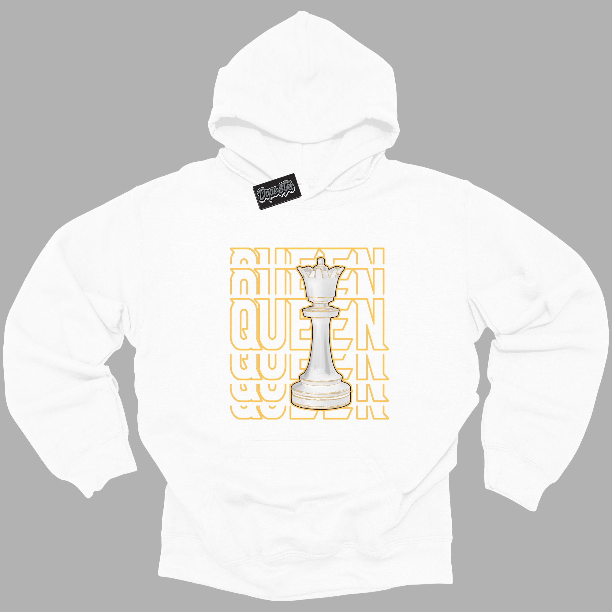 Cool White Hoodie with “ Queen Chess ”  design that Perfectly Matches Yellow Ochre 6s Sneakers.
