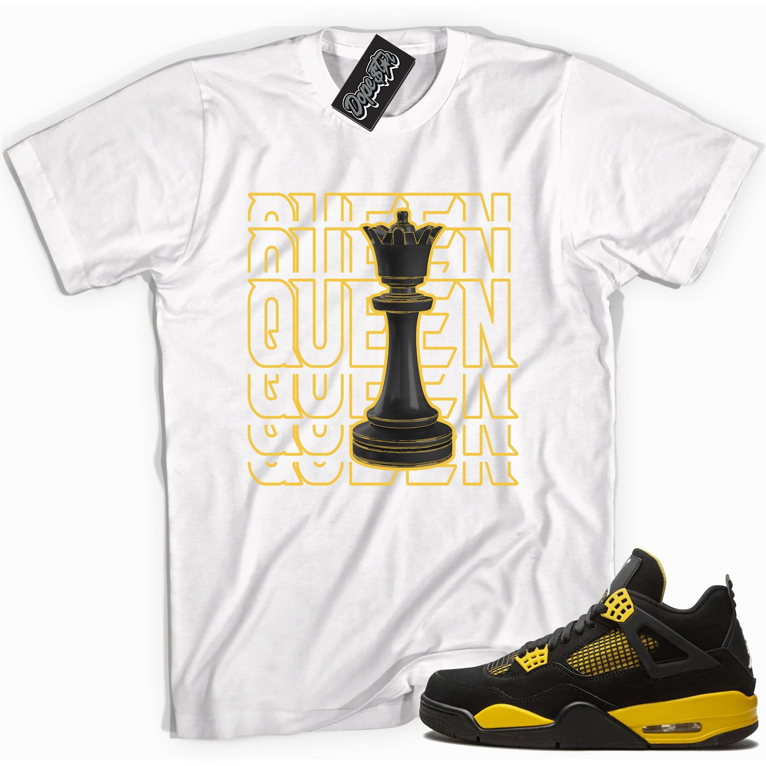Cool white graphic tee with 'queen' print, that perfectly matches Air Jordan 4 Thunder sneakers
