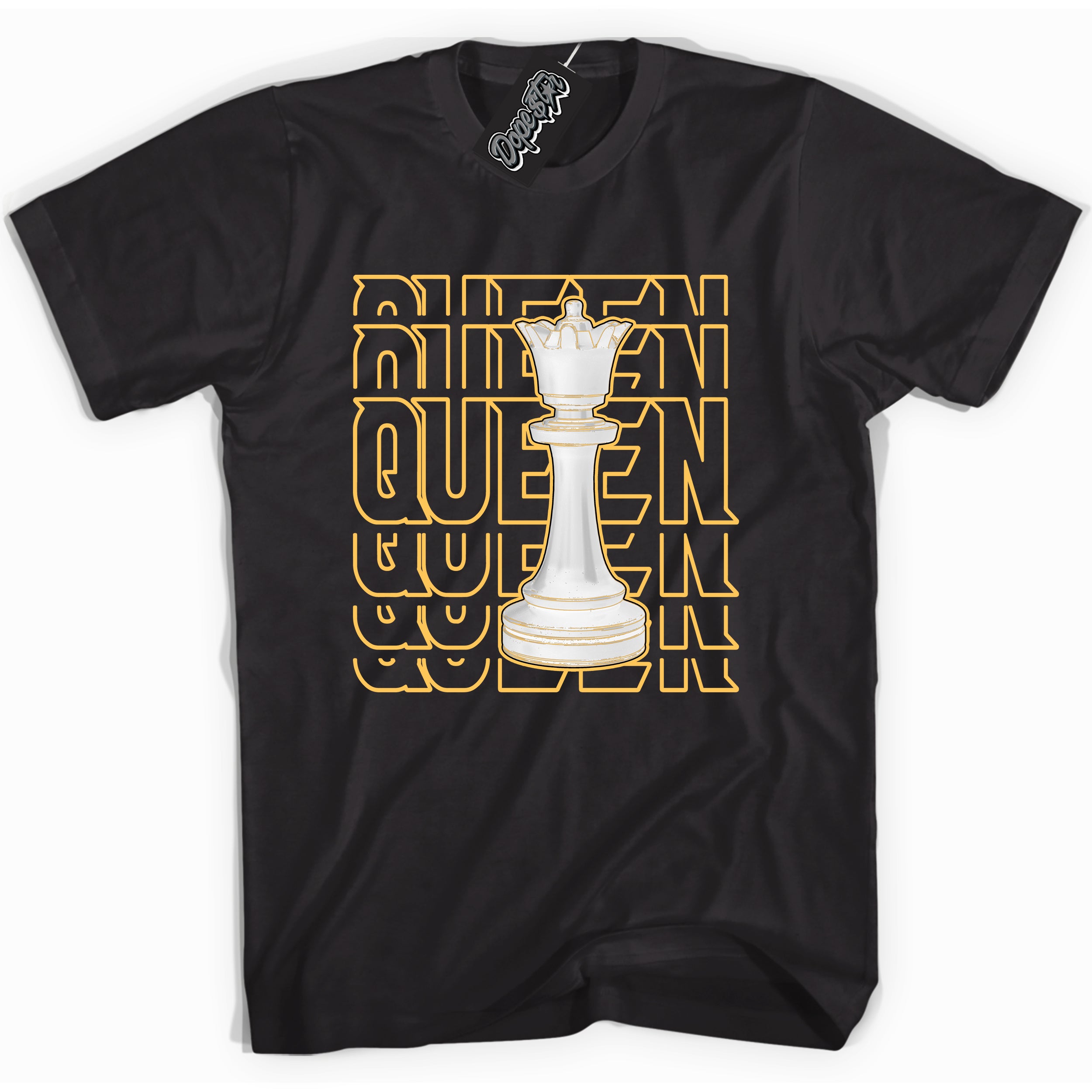 Cool Black Shirt with “ Queen Chess ” design that perfectly matches Yellow Ochre 6s Sneakers.