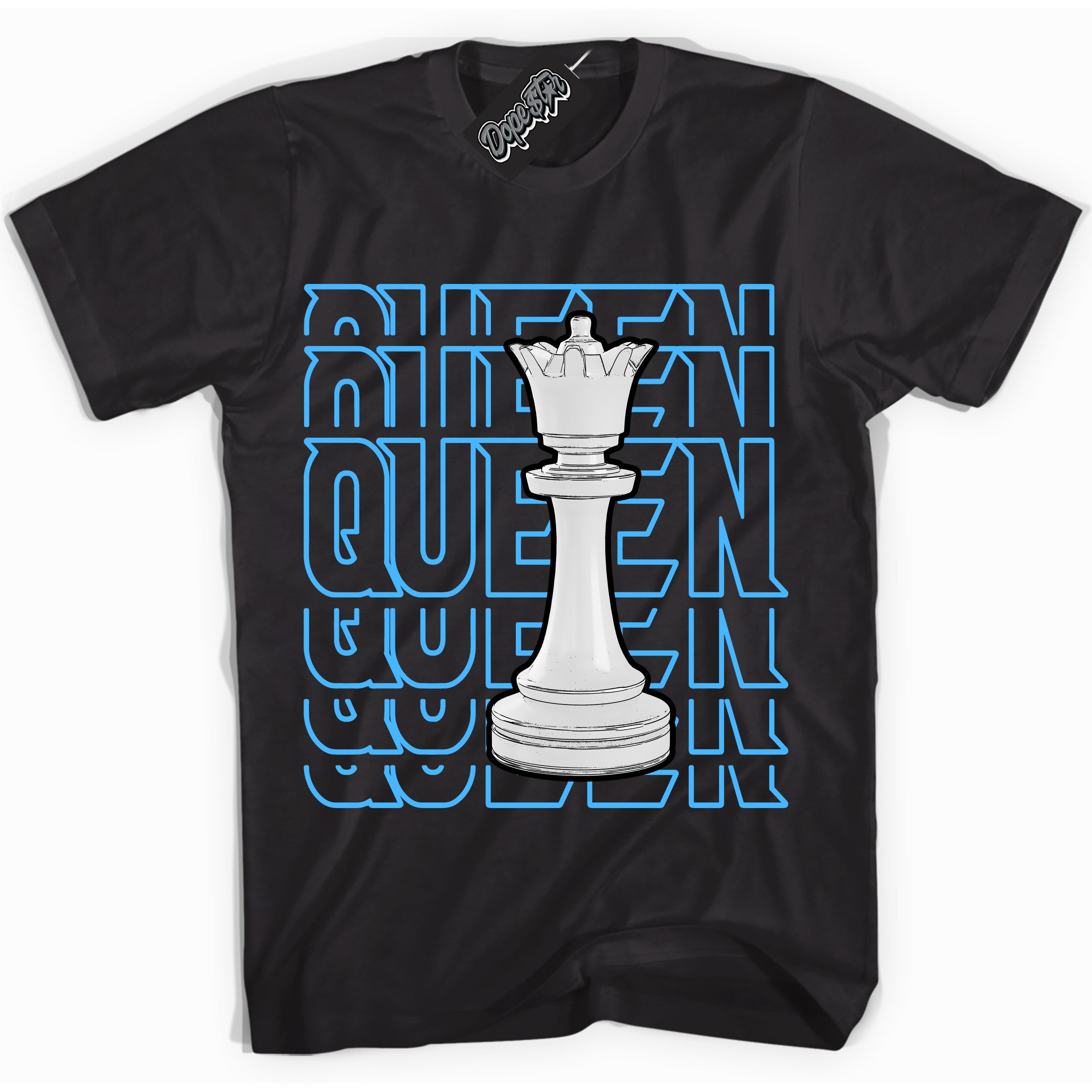 Cool Black graphic tee with “ Queen Chess ” design, that perfectly matches Powder Blue 9s sneakers 
