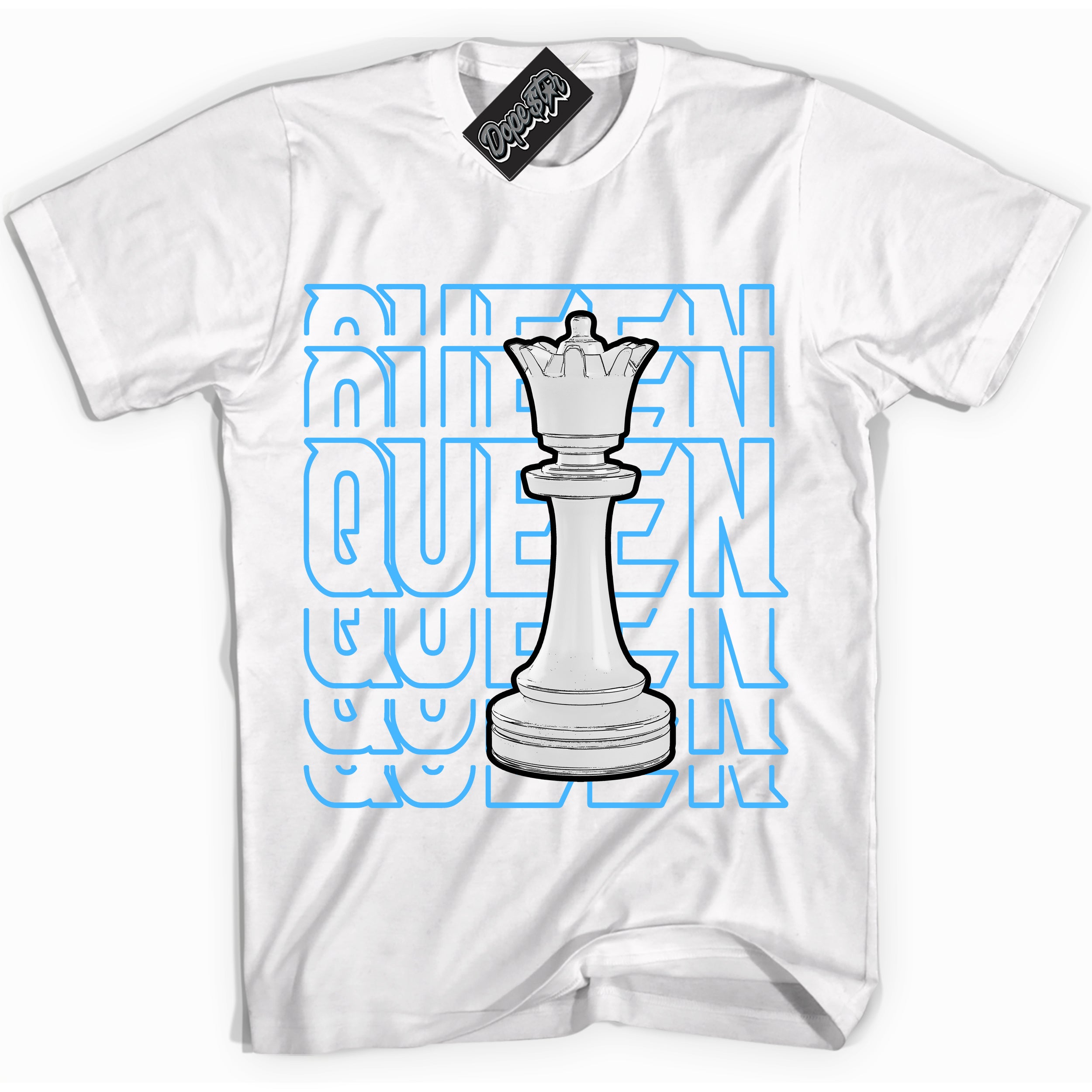 Cool White graphic tee with “ Queen Chess ” design, that perfectly matches Powder Blue 9s sneakers 